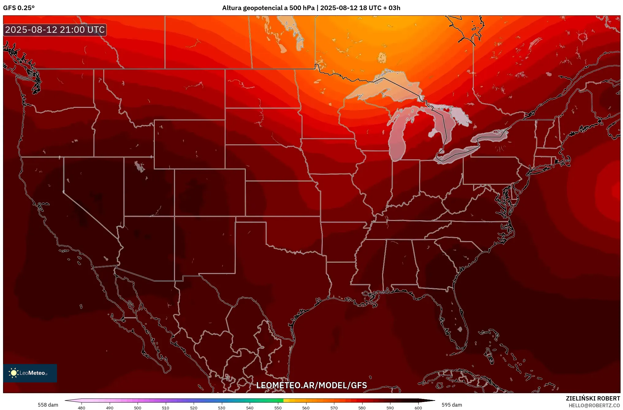 GFS model - Estados Unidos, Altura geopotencial a 500 hPa