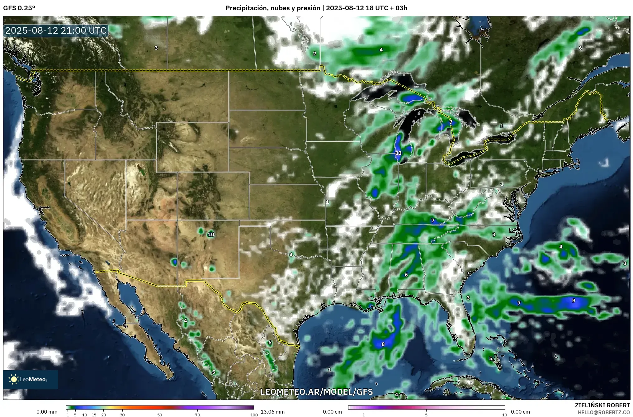 GFS model - Estados Unidos, Precipitación, nubes y presión