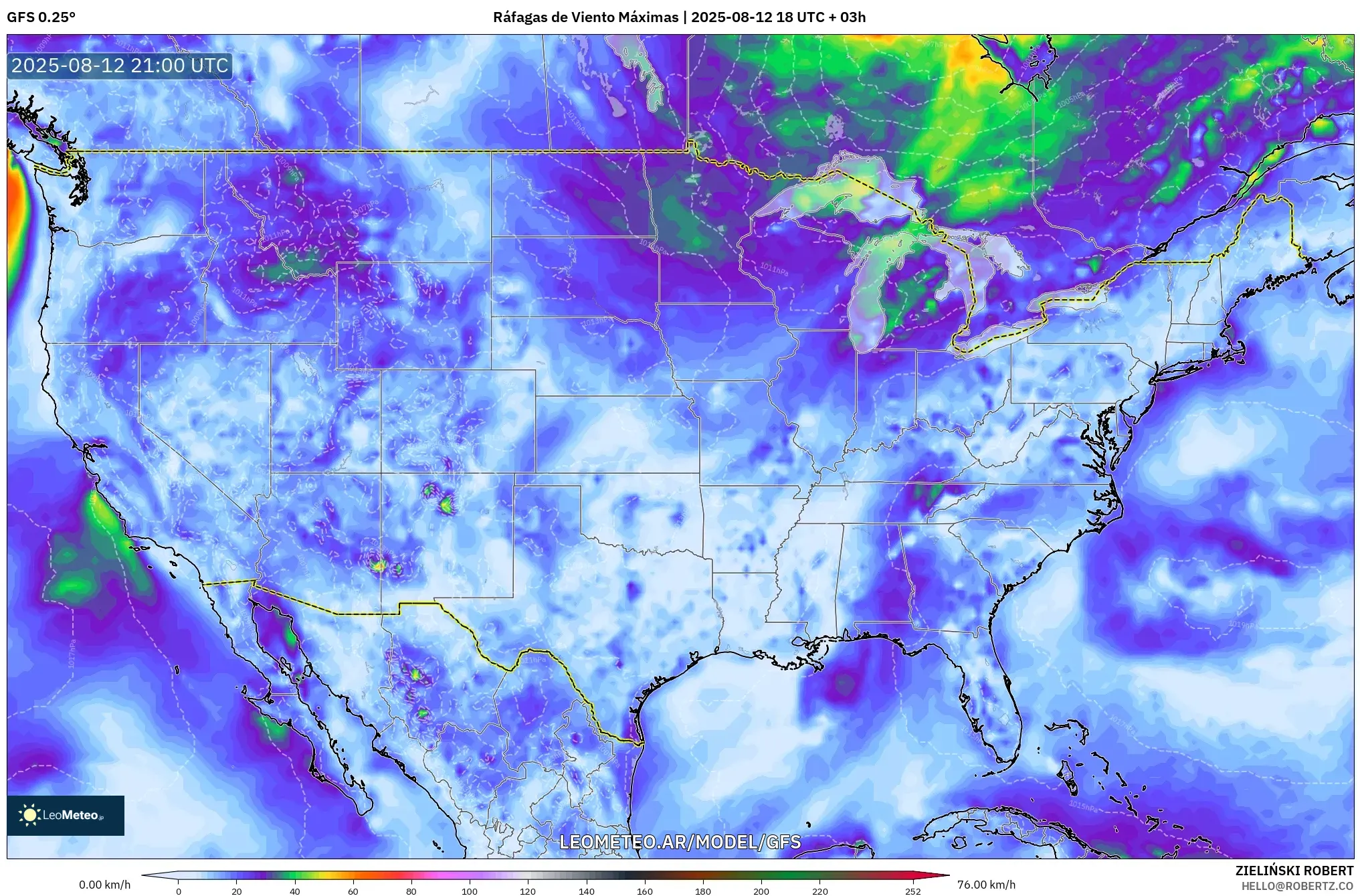GFS model - Estados Unidos, Ráfagas de Viento Máximas GFS model - Estados Unidos, Ráfagas de Viento Máximas