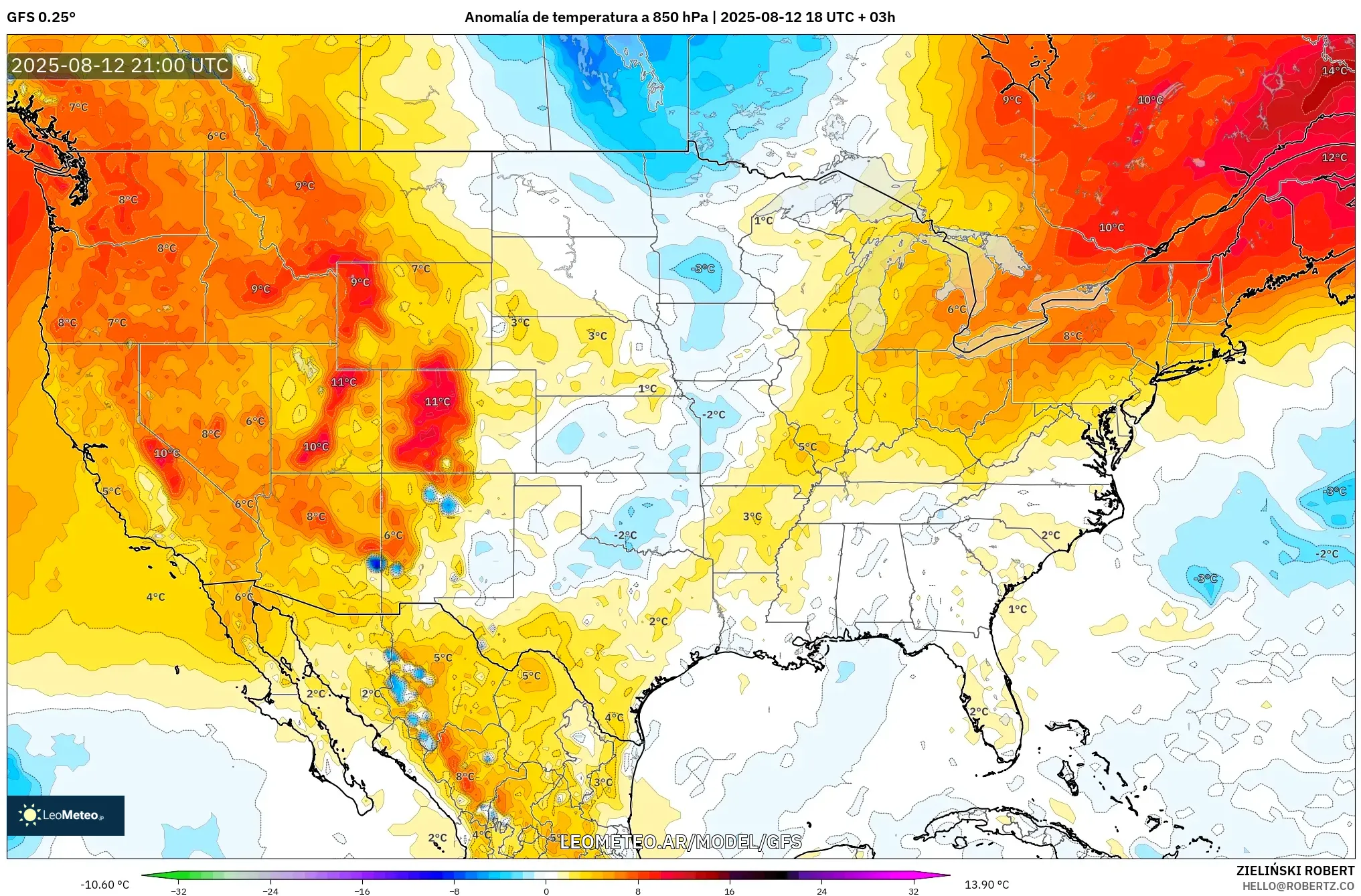 GFS model - Estados Unidos, Anomalía de temperatura a 850 hPa GFS model - Estados Unidos, Anomalía de temperatura a 850 hPa