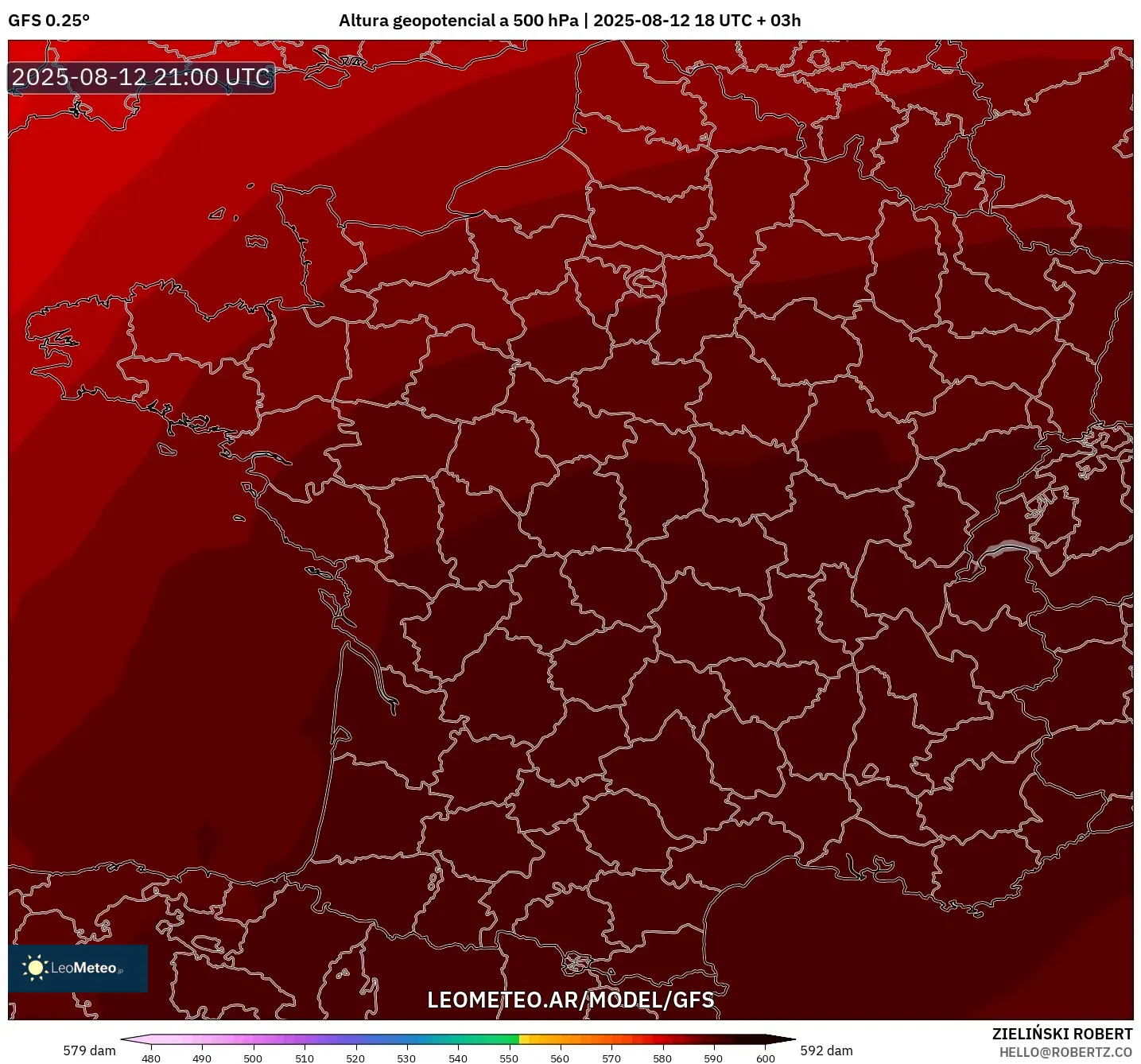 GFS model - Francia, Altura geopotencial a 500 hPa