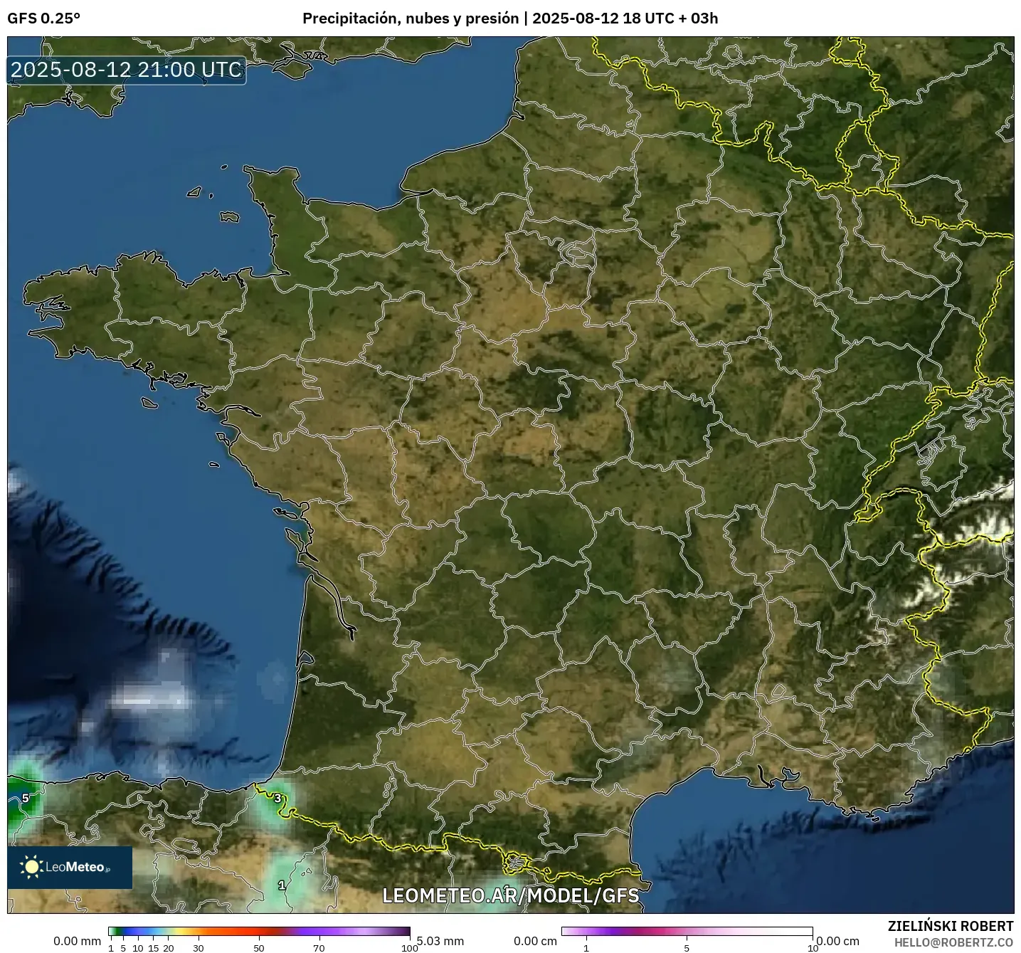 GFS model - Francia, Precipitación, nubes y presión