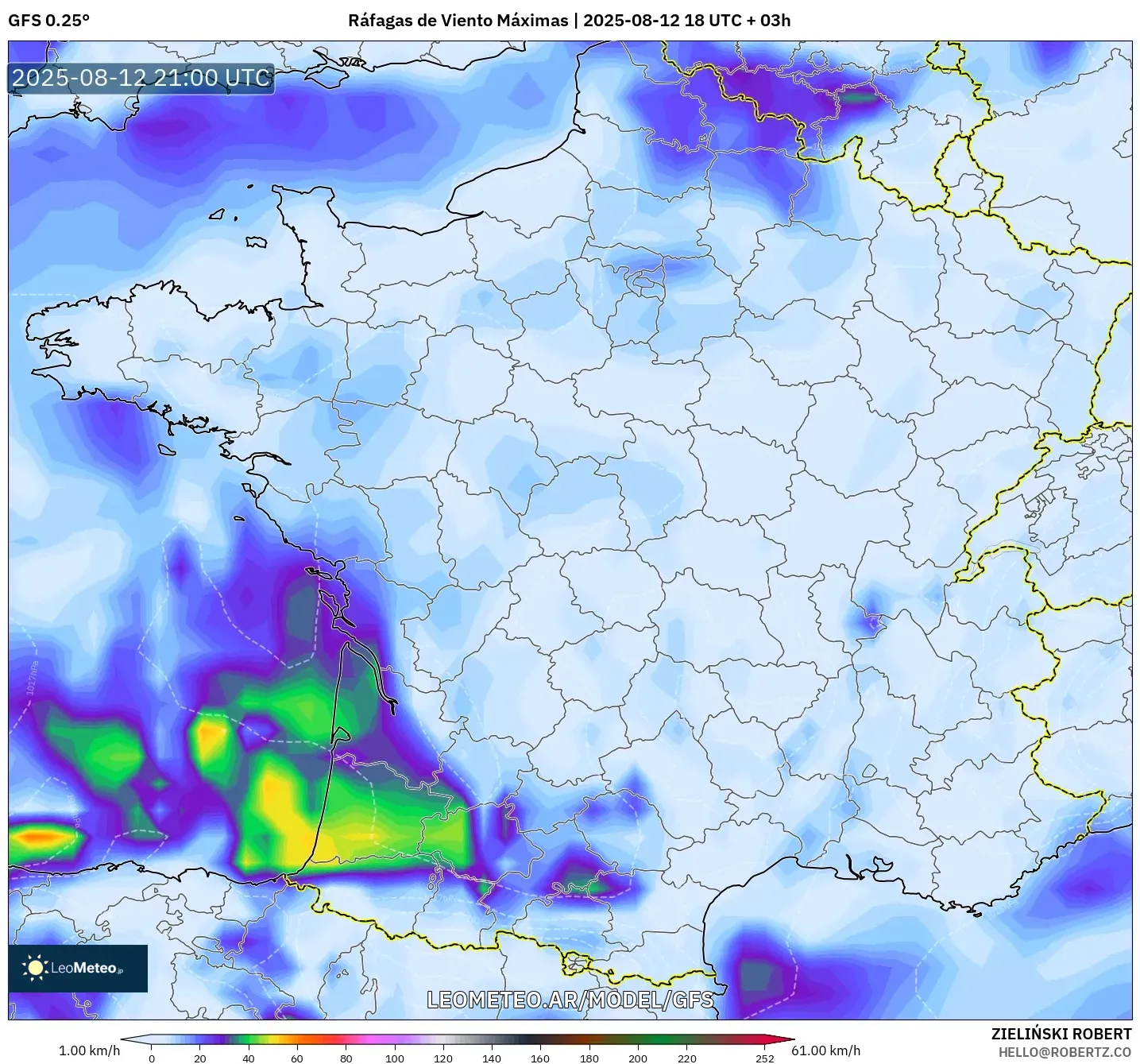 GFS model - Francia, Ráfagas de Viento Máximas GFS model - Francia, Ráfagas de Viento Máximas