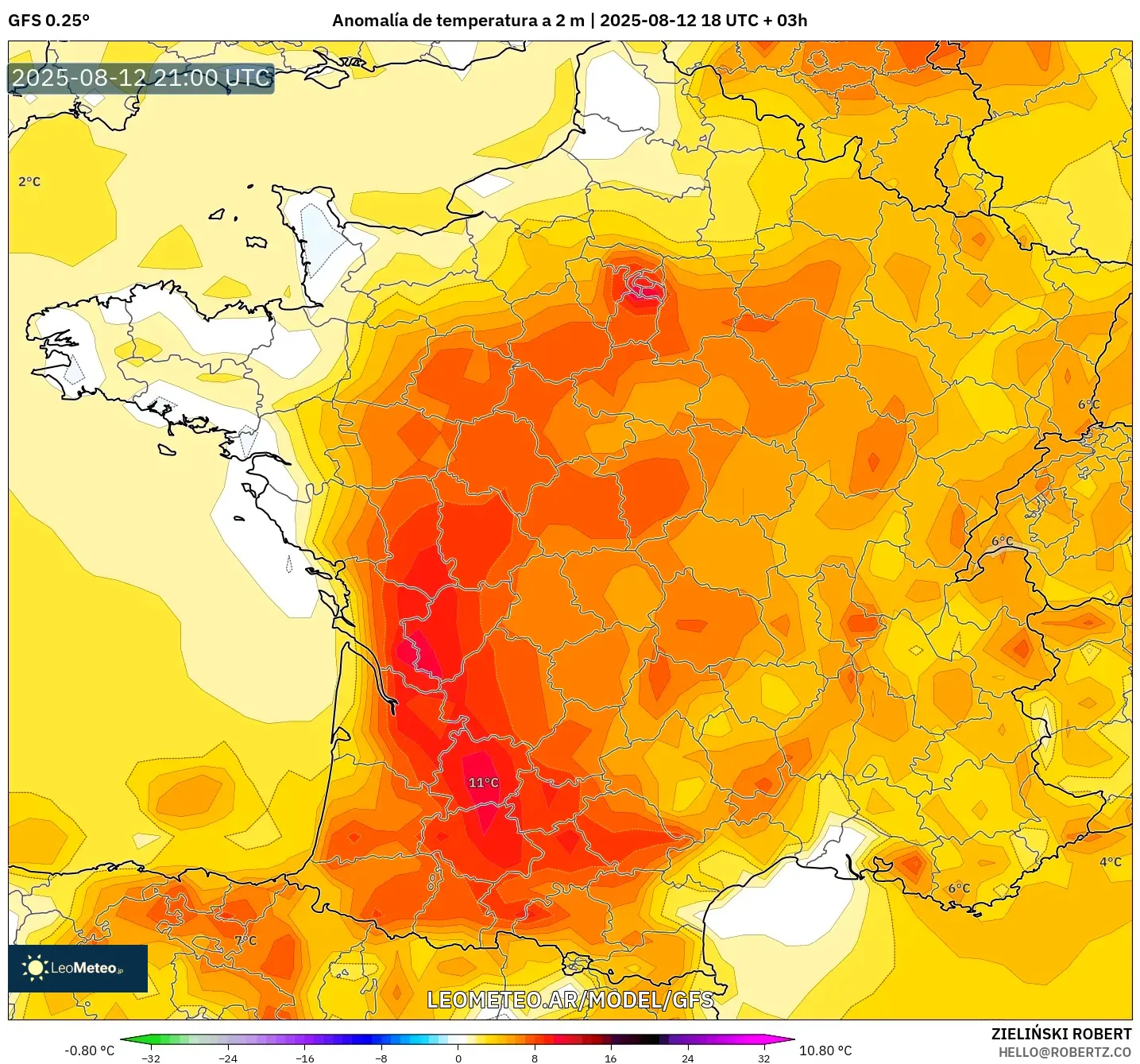 GFS model - Francia, Anomalía de temperatura a 2 m GFS model - Francia, Anomalía de temperatura a 2 m