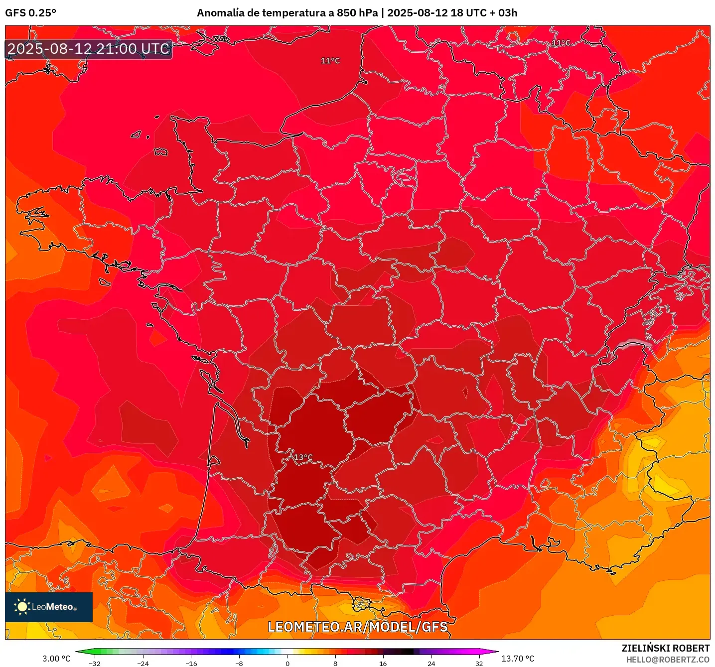 GFS model - Francia, Anomalía de temperatura a 850 hPa GFS model - Francia, Anomalía de temperatura a 850 hPa
