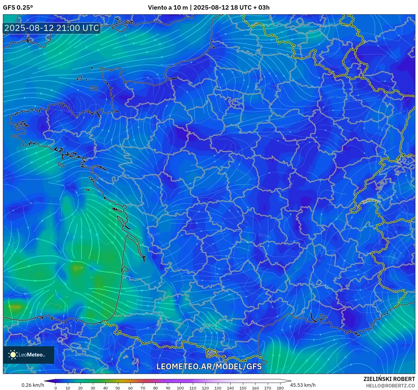 GFS model - Francia, Viento a 10 m GFS model - Francia, Viento a 10 m