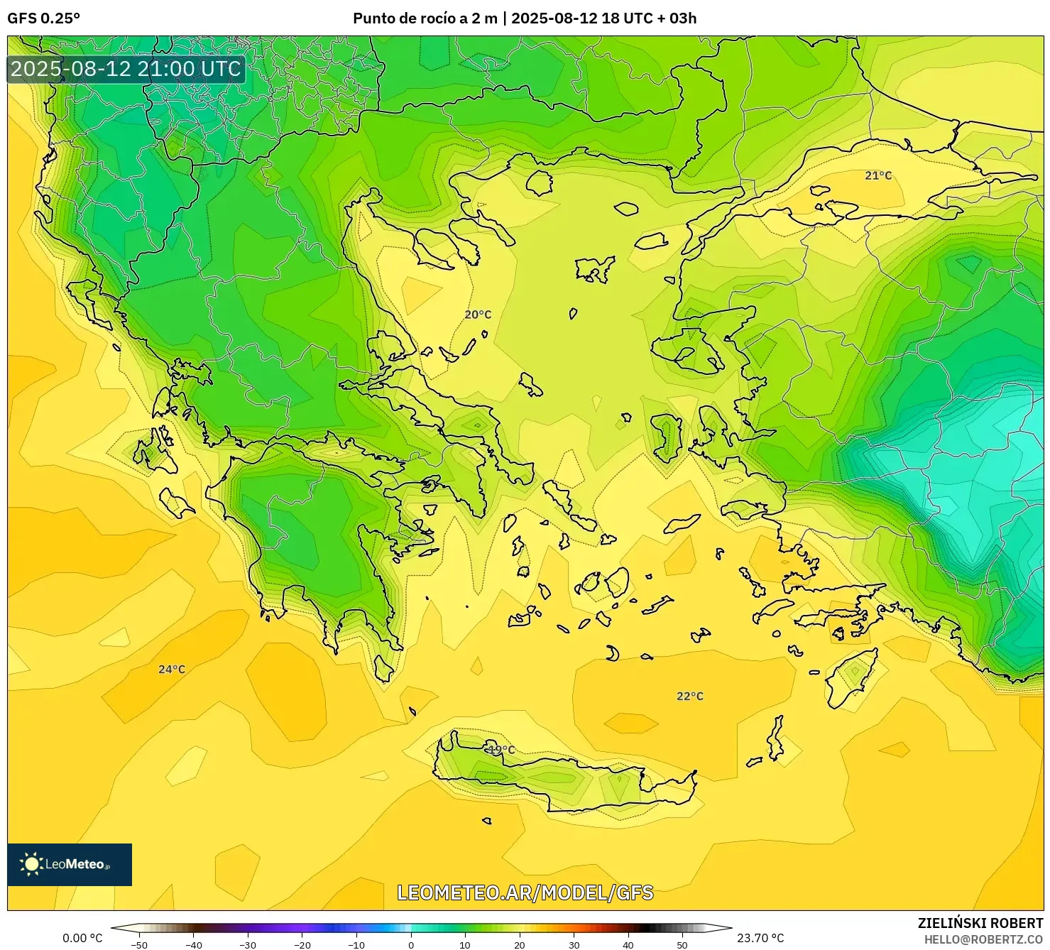 GFS model - Grecia, Punto de rocío a 2 m GFS model - Grecia, Punto de rocío a 2 m