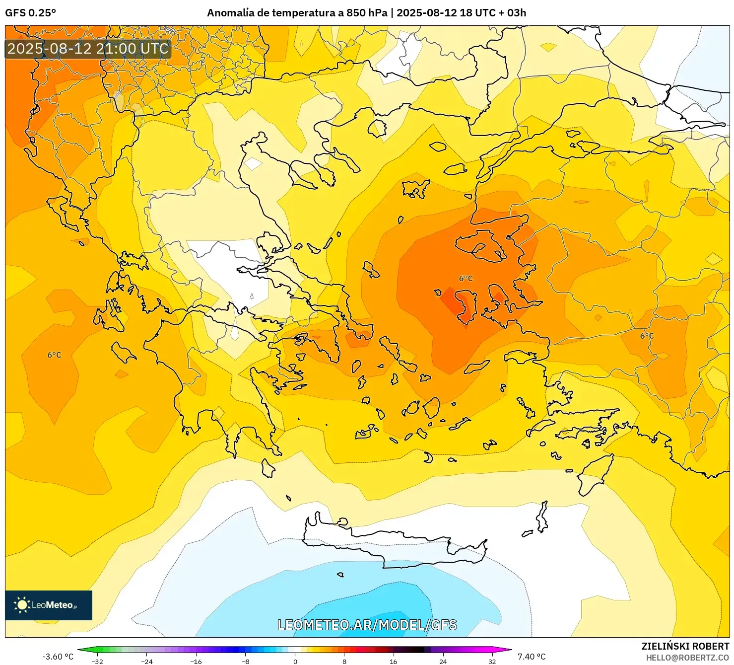GFS model - Grecia, Anomalía de temperatura a 850 hPa GFS model - Grecia, Anomalía de temperatura a 850 hPa