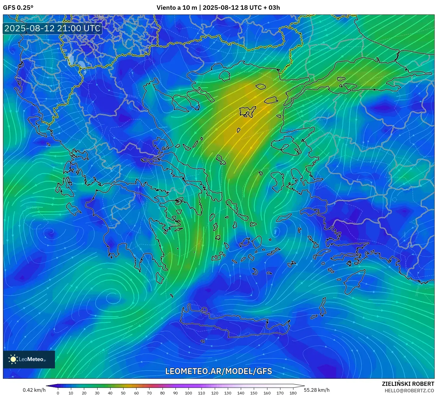 GFS model - Grecia, Viento a 10 m GFS model - Grecia, Viento a 10 m