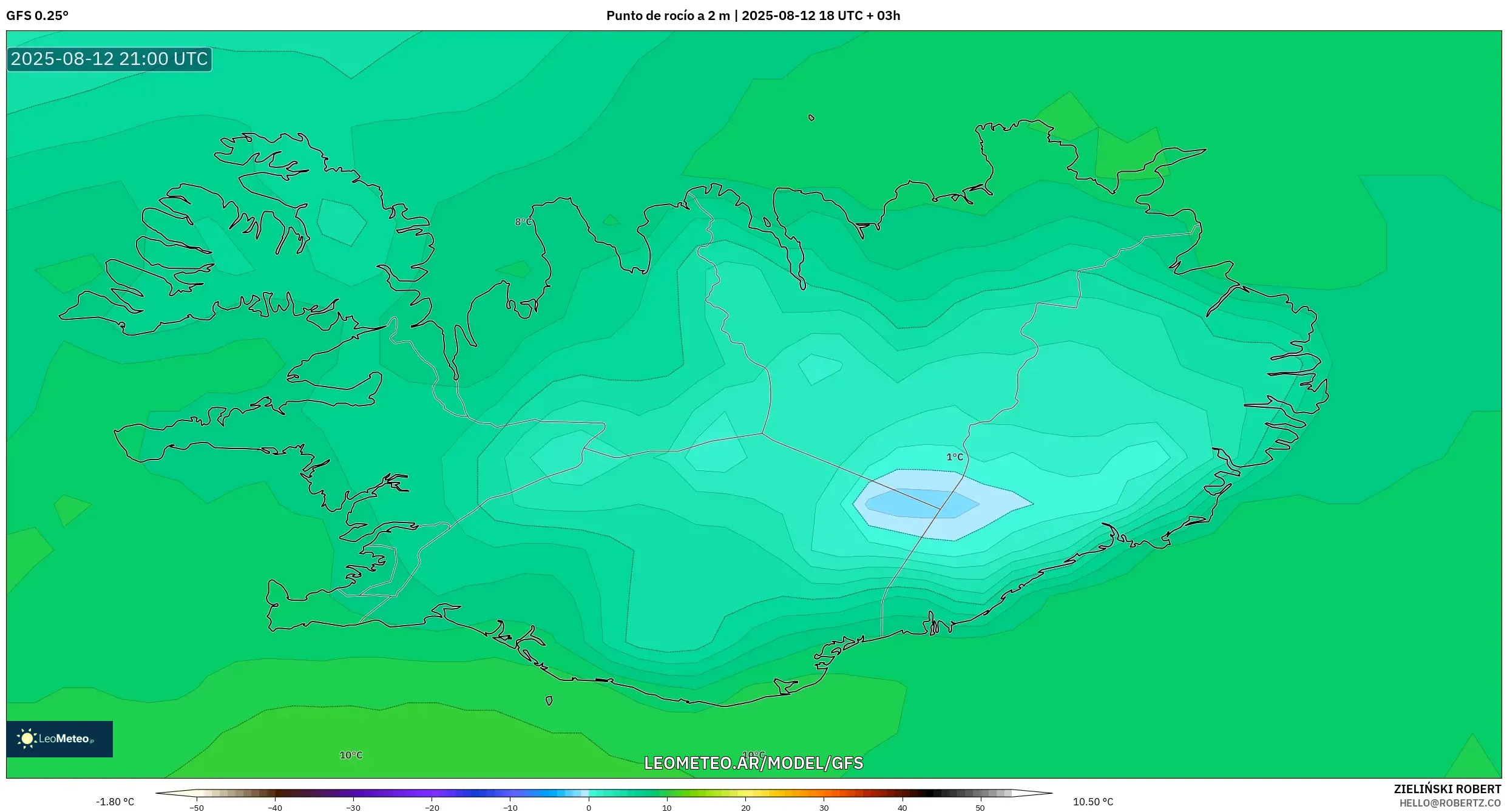 GFS model - Islandia, Punto de rocío a 2 m GFS model - Islandia, Punto de rocío a 2 m