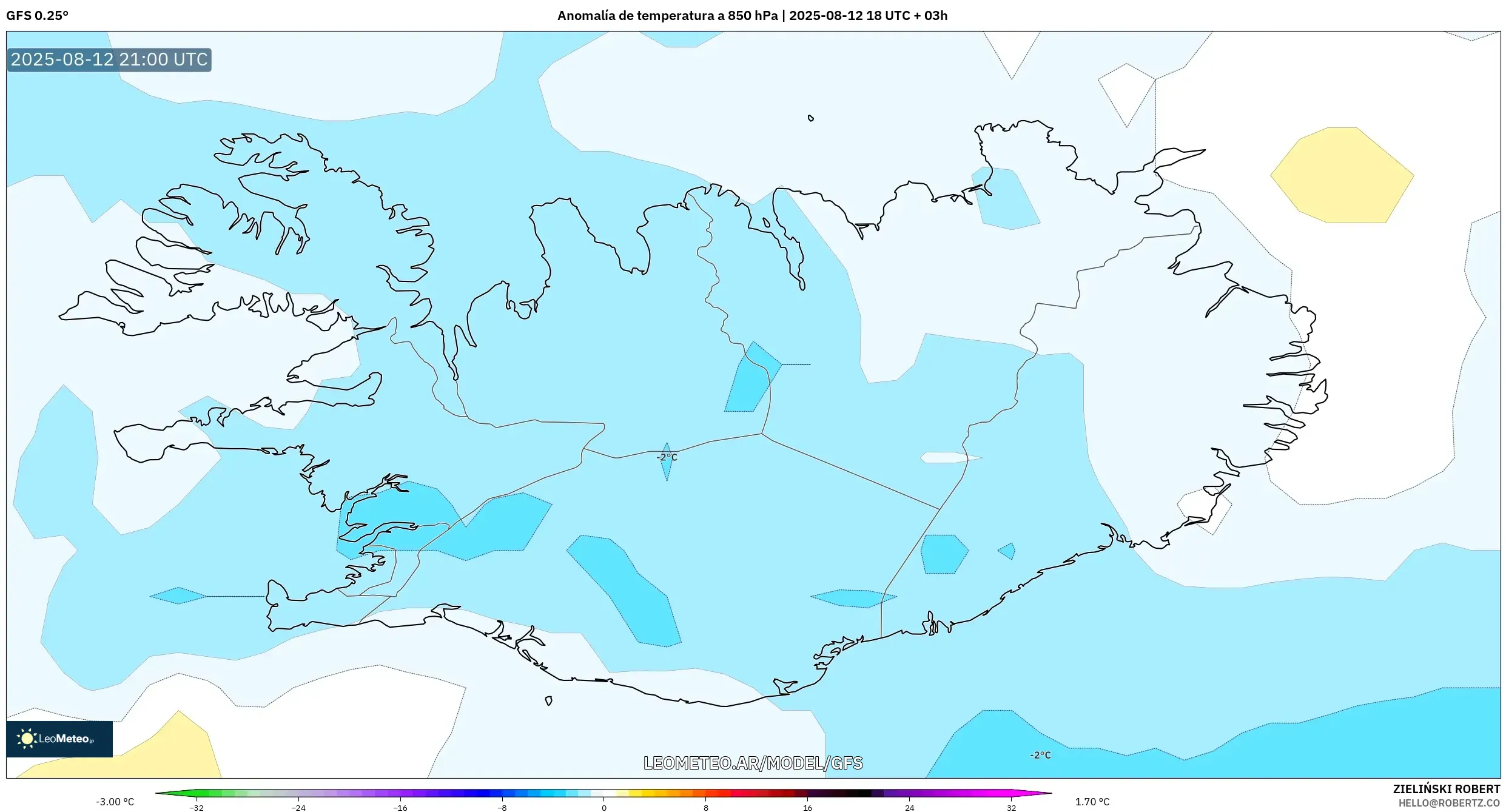 GFS model - Islandia, Anomalía de temperatura a 850 hPa GFS model - Islandia, Anomalía de temperatura a 850 hPa