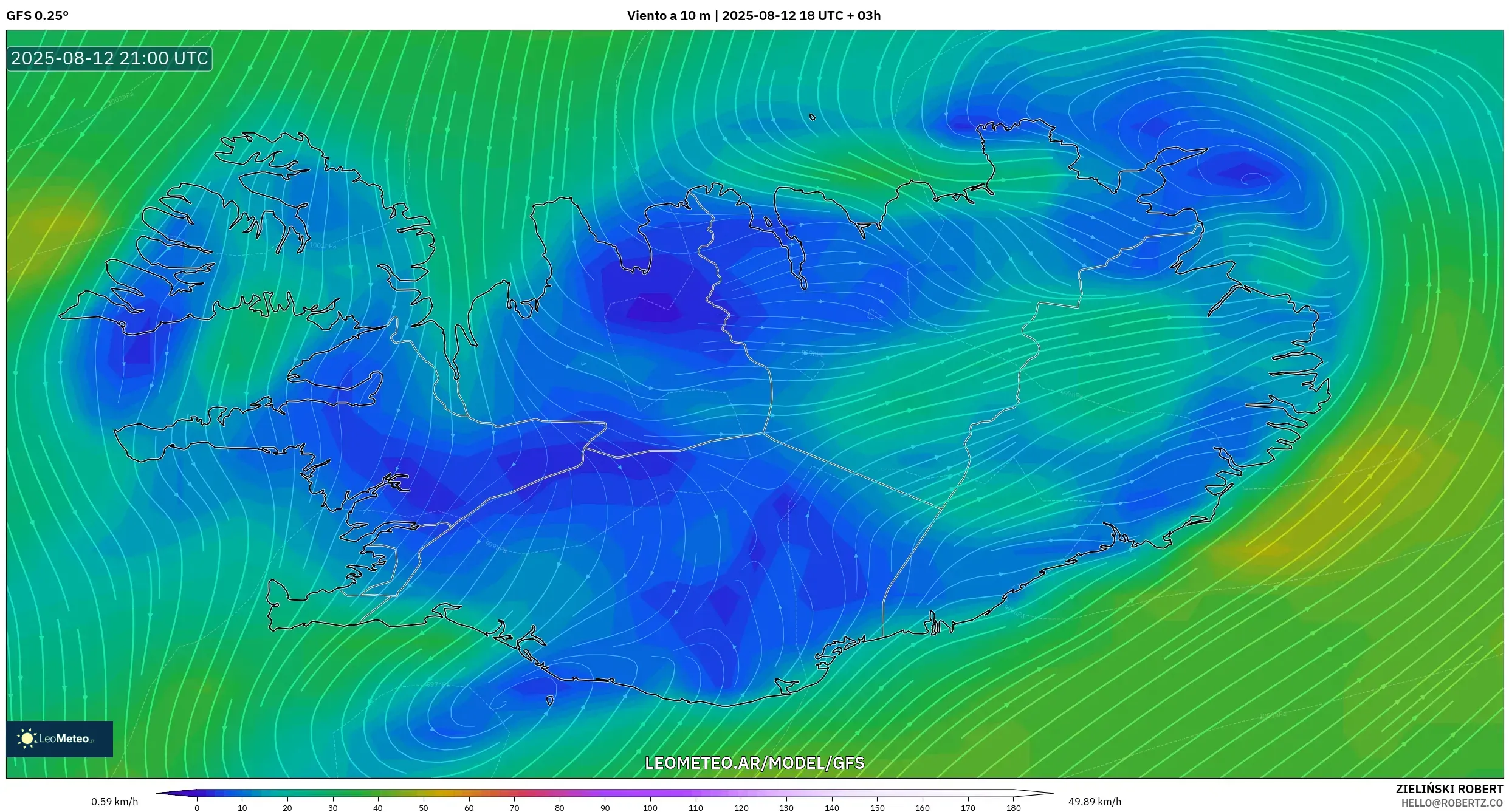 GFS model - Islandia, Viento a 10 m GFS model - Islandia, Viento a 10 m