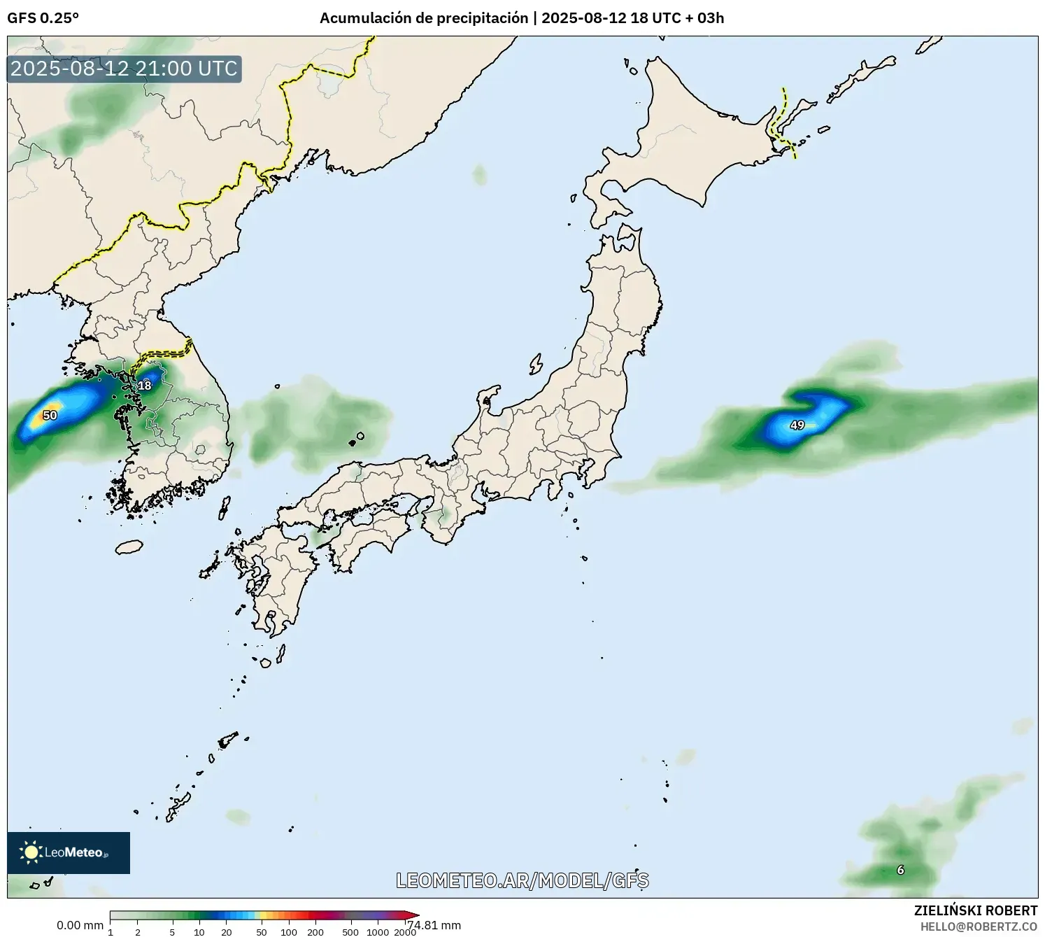 GFS model - Japón, Acumulación de precipitación GFS model - Japón, Acumulación de precipitación