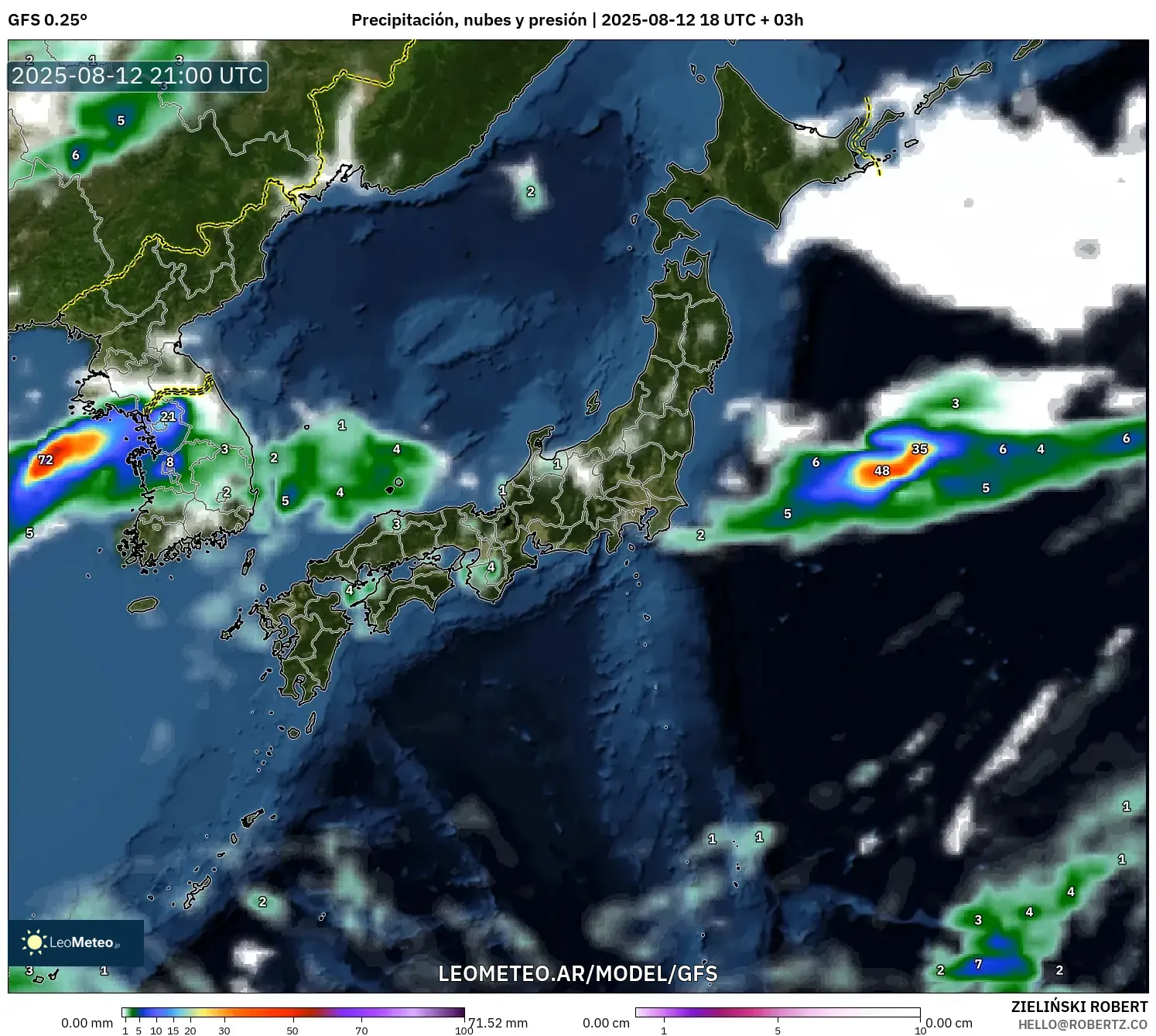 GFS model - Japón, Precipitación, nubes y presión