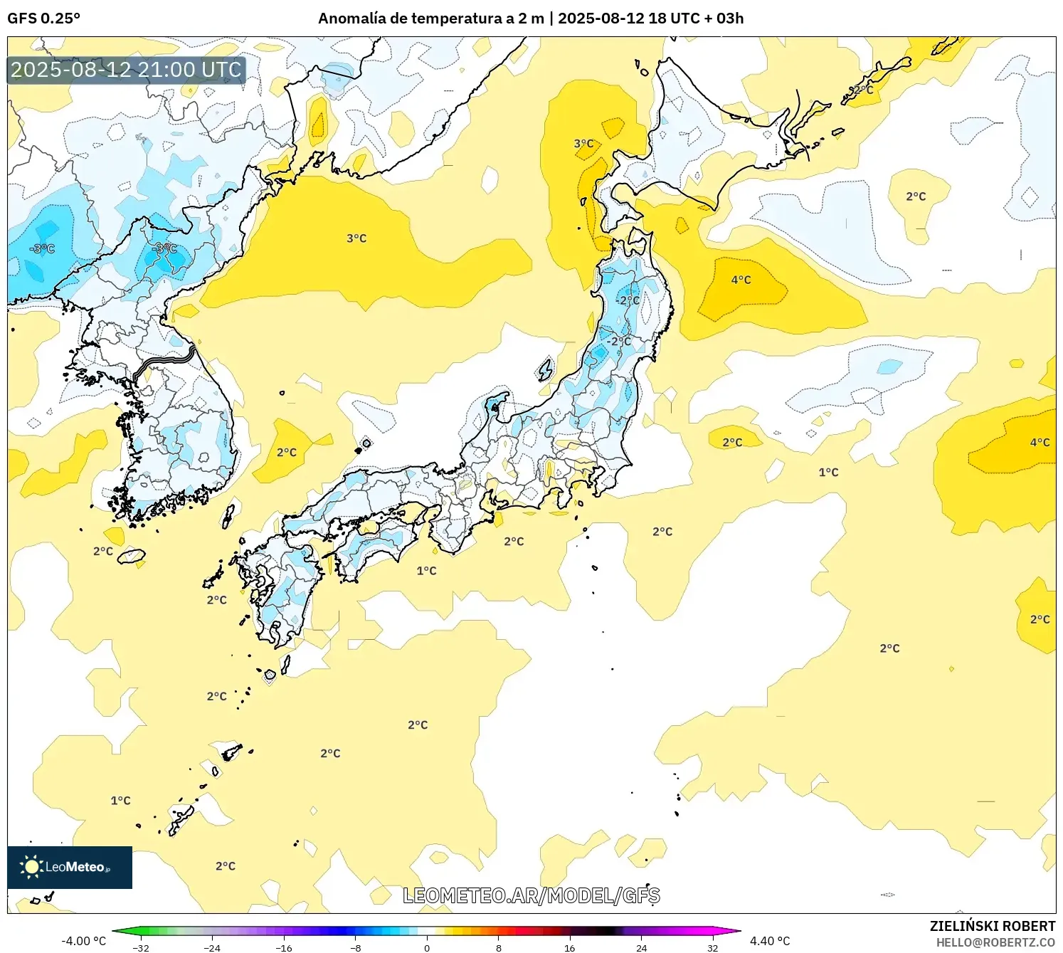 GFS model - Japón, Anomalía de temperatura a 2 m