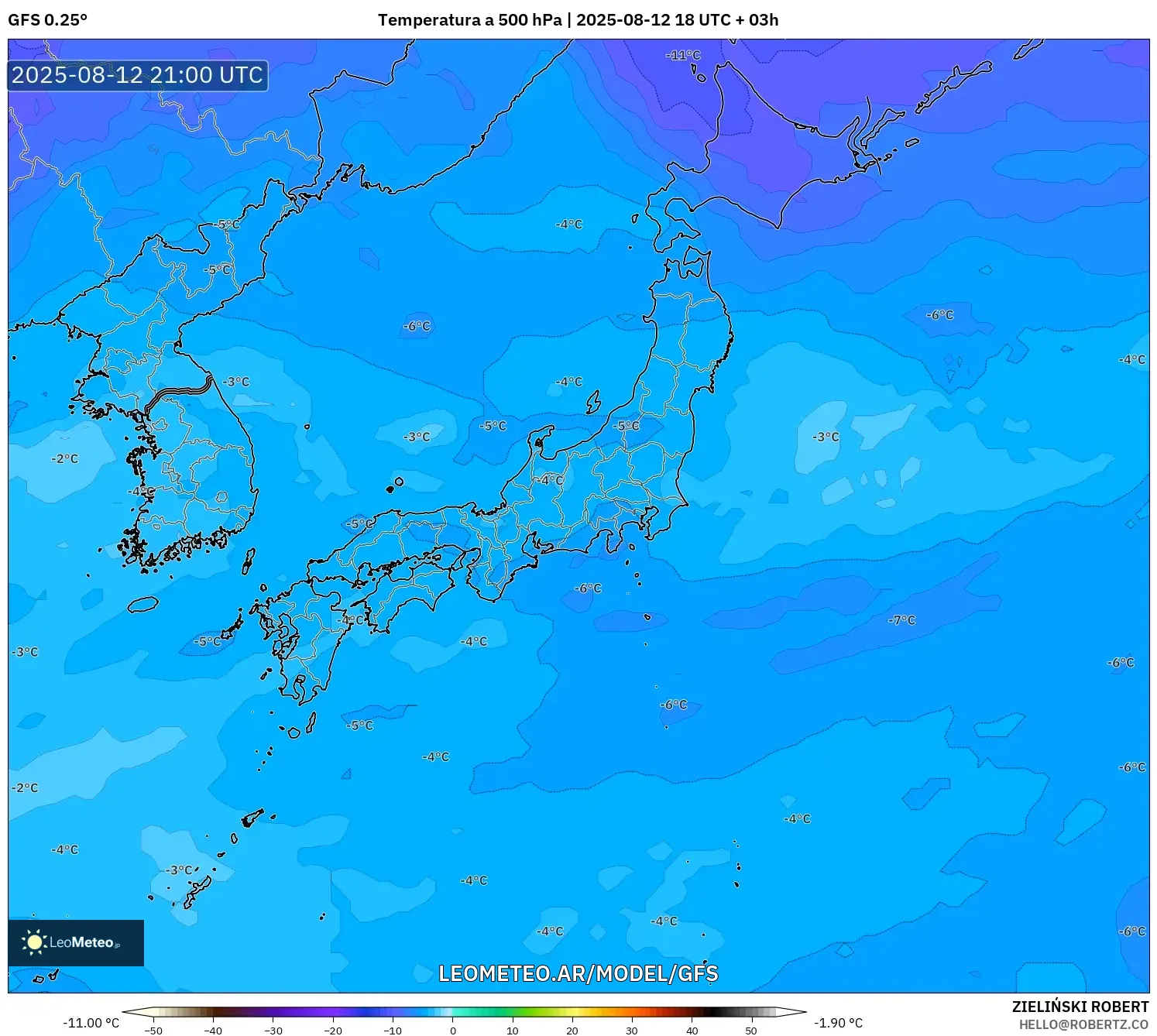 GFS model - Japón, Temperatura a 500 hPa