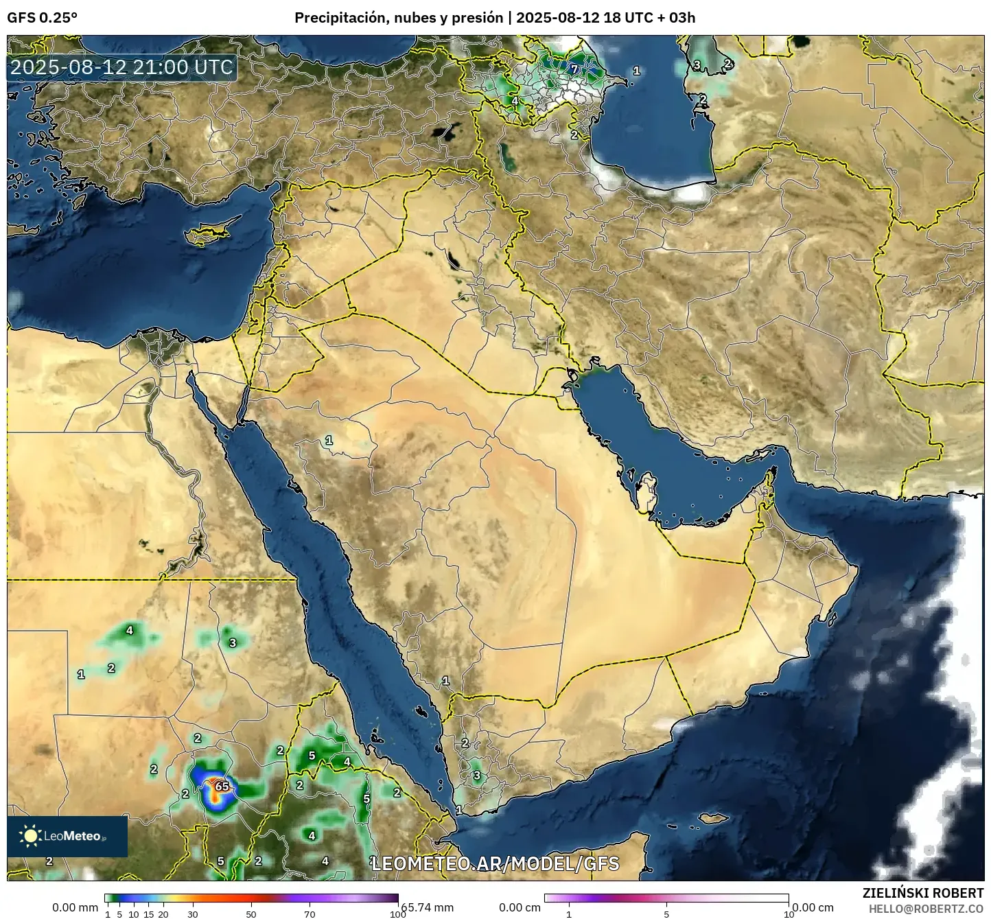 GFS model - Oriente Medio, Precipitación, nubes y presión GFS model - Oriente Medio, Precipitación, nubes y presión