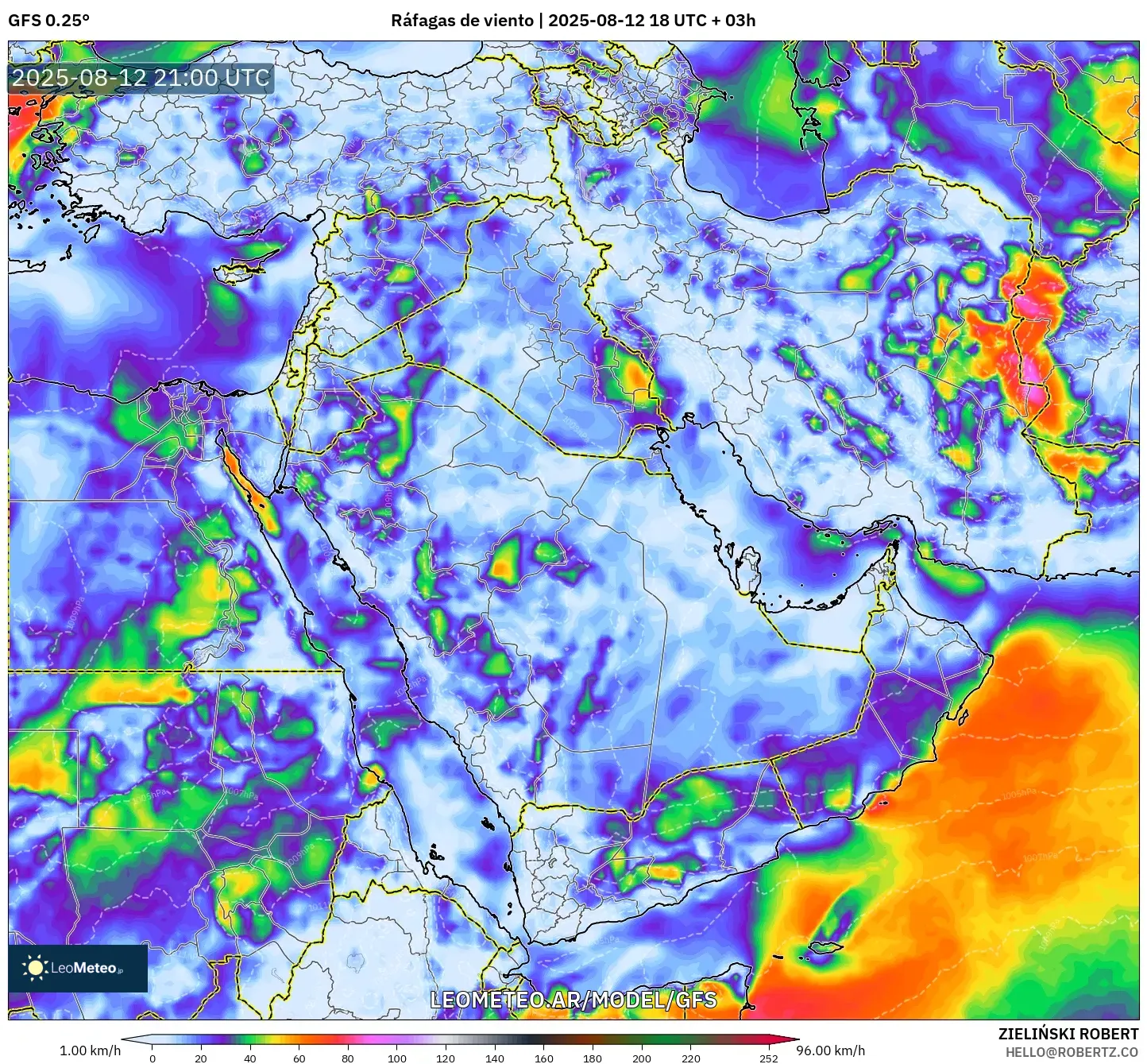 GFS model - Oriente Medio, Ráfagas de viento GFS model - Oriente Medio, Ráfagas de viento