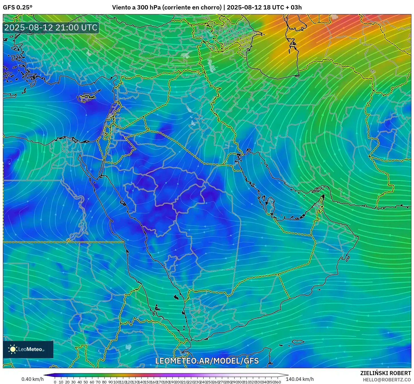 GFS model - Oriente Medio, Viento a 300 hPa (corriente en chorro)