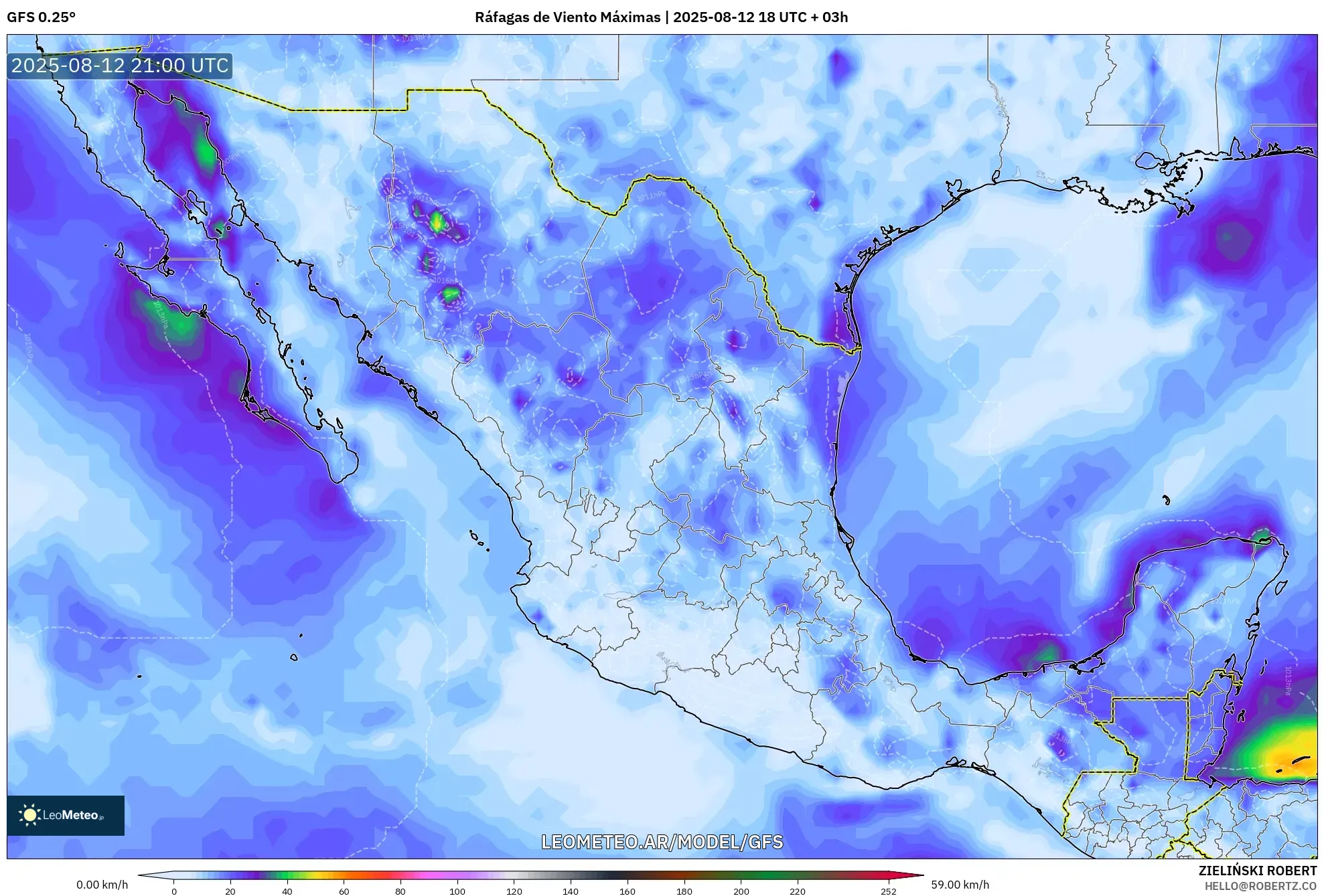 GFS model - México, Ráfagas de Viento Máximas