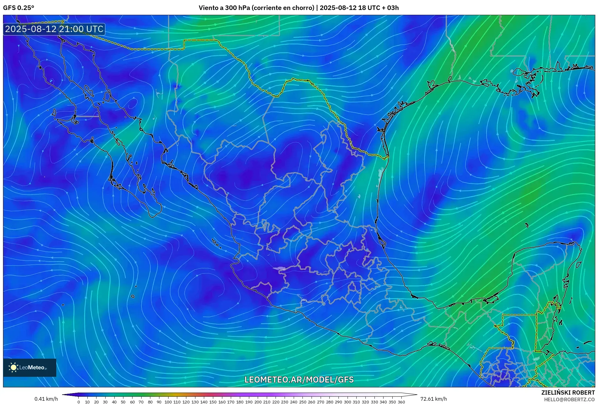 GFS model - México, Viento a 300 hPa (corriente en chorro) GFS model - México, Viento a 300 hPa (corriente en chorro)
