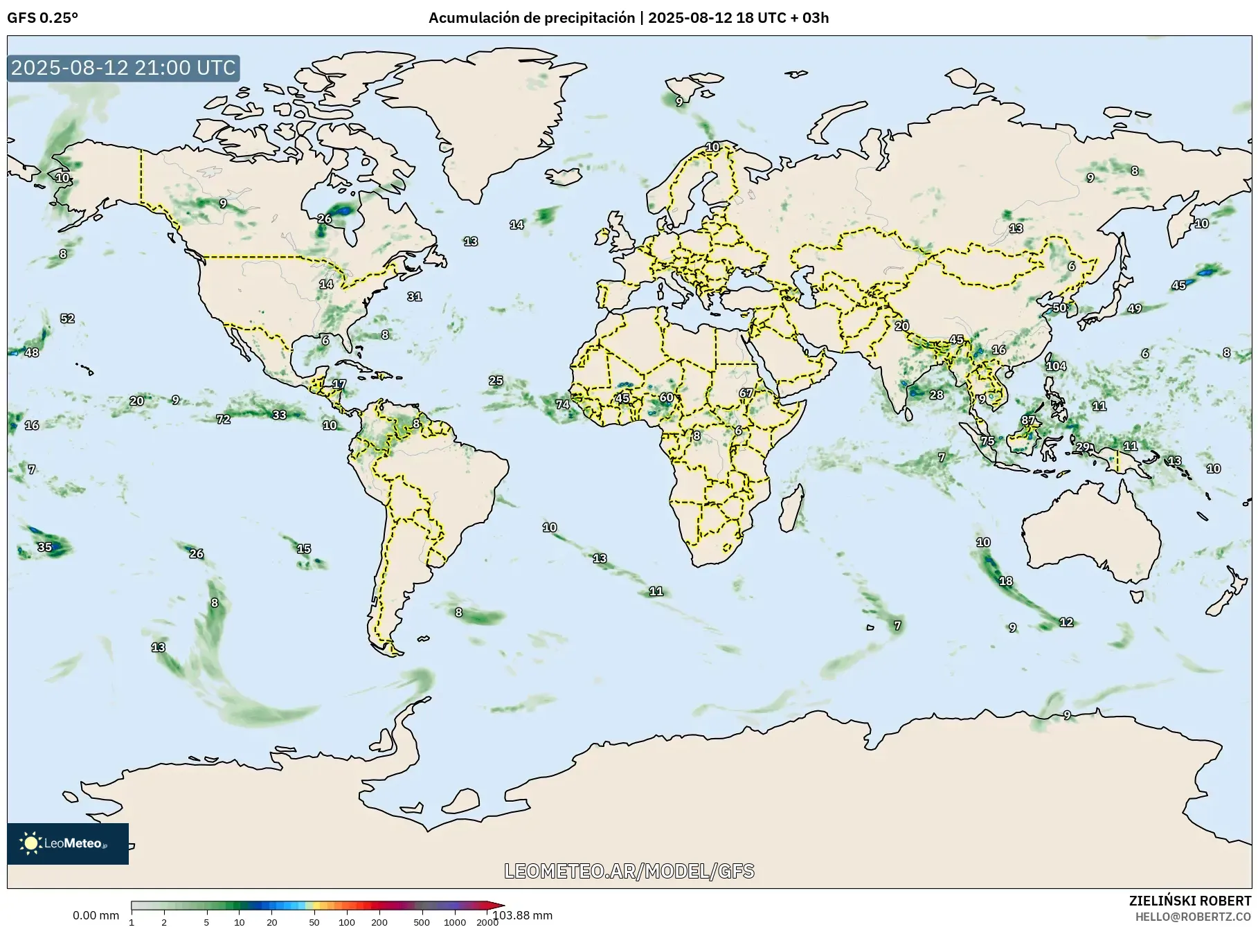 GFS model - Mundo, Acumulación de precipitación