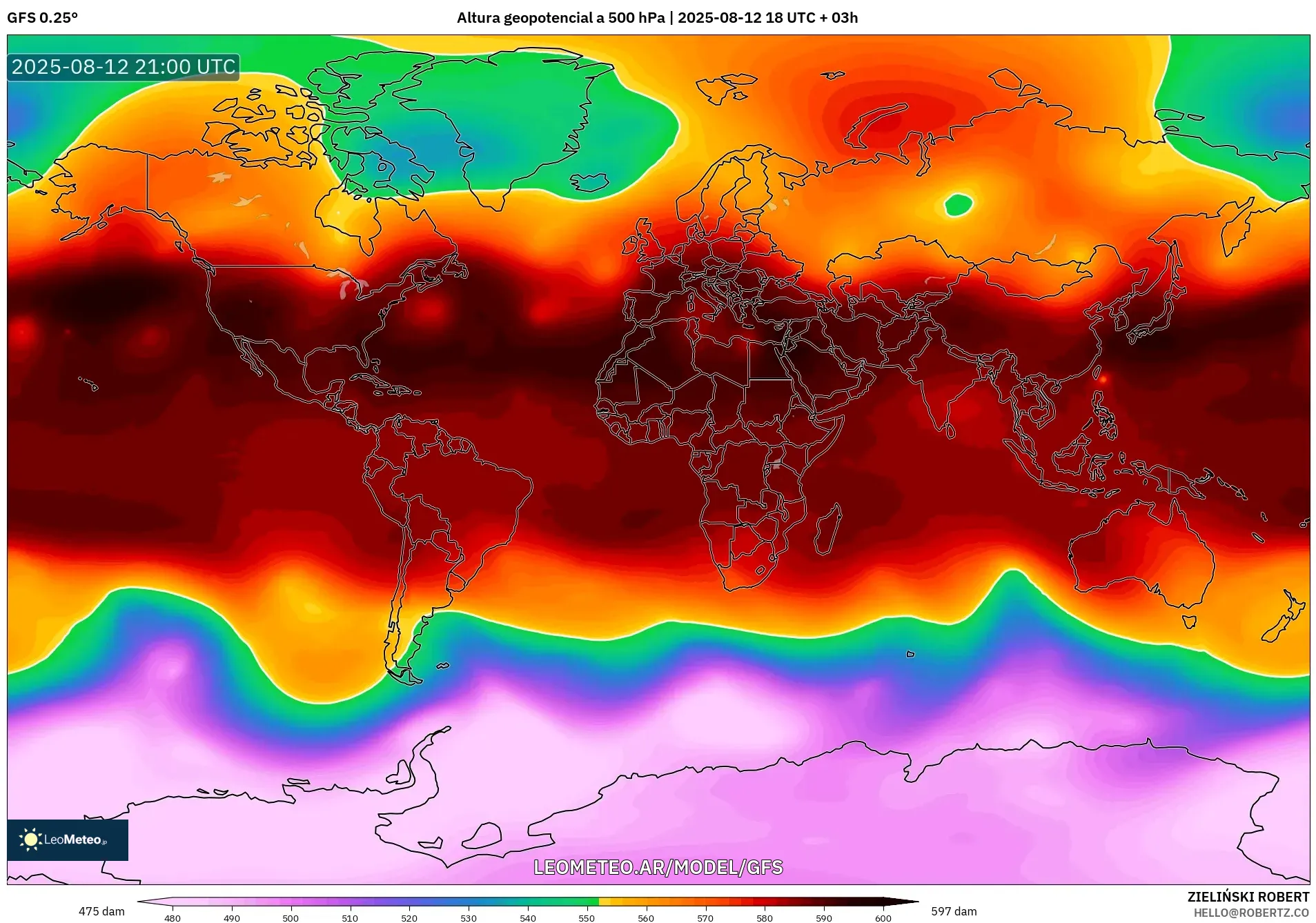 GFS model - Mundo, Altura geopotencial a 500 hPa GFS model - Mundo, Altura geopotencial a 500 hPa