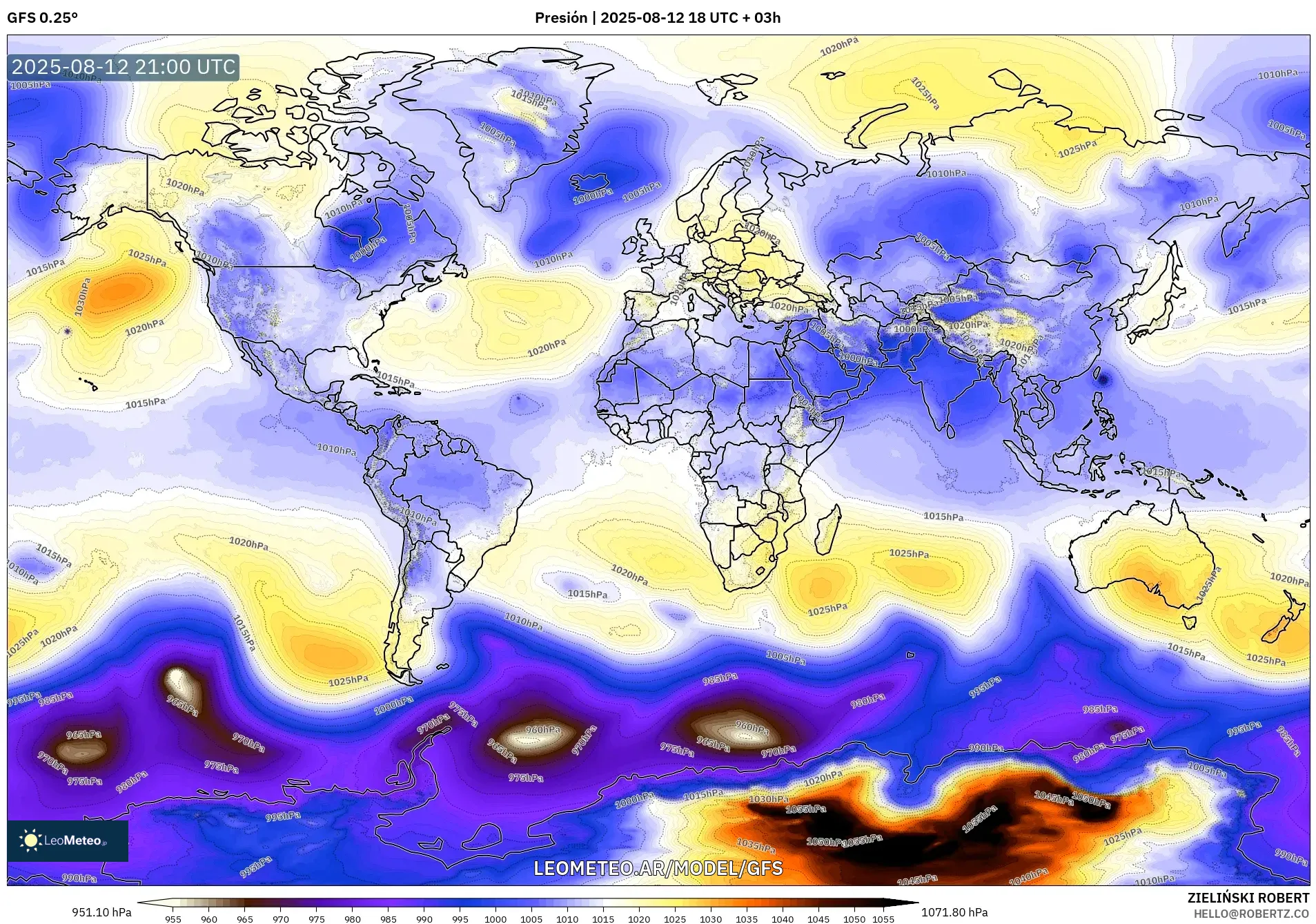 GFS model - Mundo, Presión GFS model - Mundo, Presión