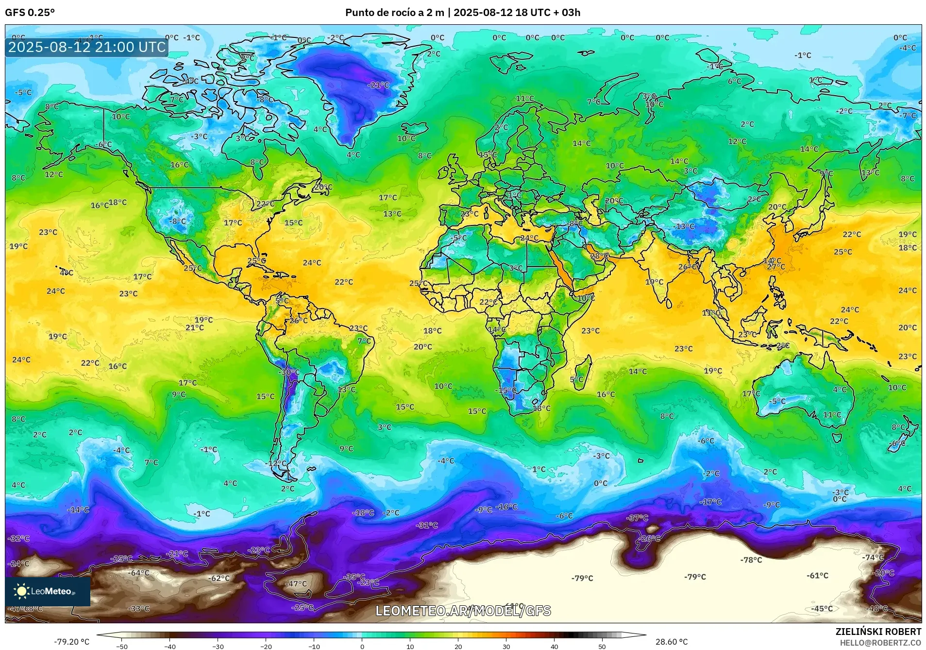 GFS model - Mundo, Punto de rocío a 2 m GFS model - Mundo, Punto de rocío a 2 m