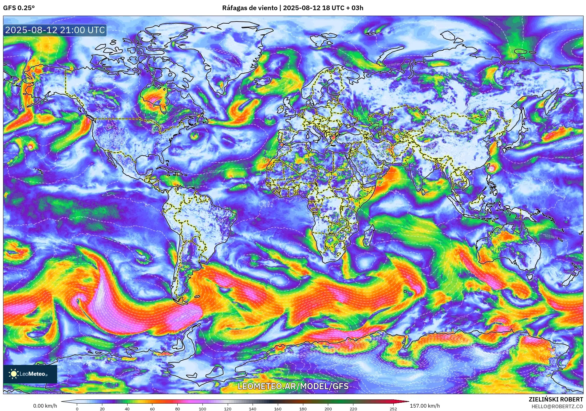 GFS model - Mundo, Ráfagas de viento GFS model - Mundo, Ráfagas de viento