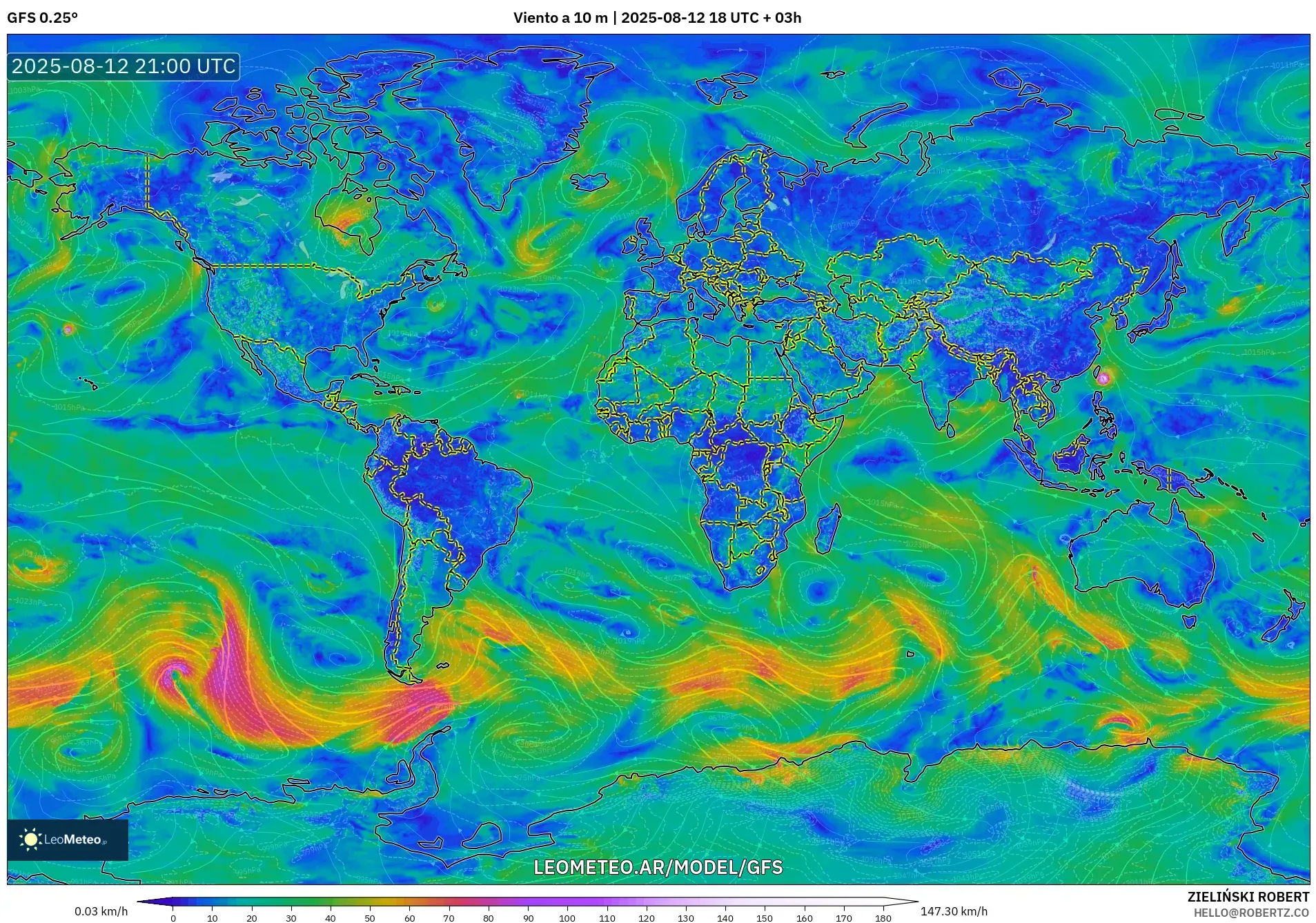 GFS model - Mundo, Viento a 10 m GFS model - Mundo, Viento a 10 m