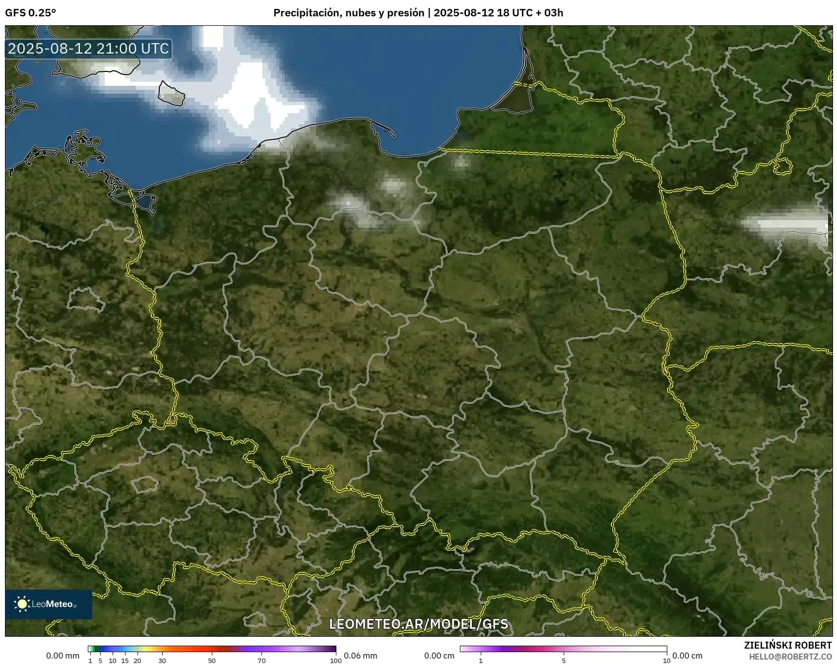 GFS model - Polonia, Precipitación, nubes y presión