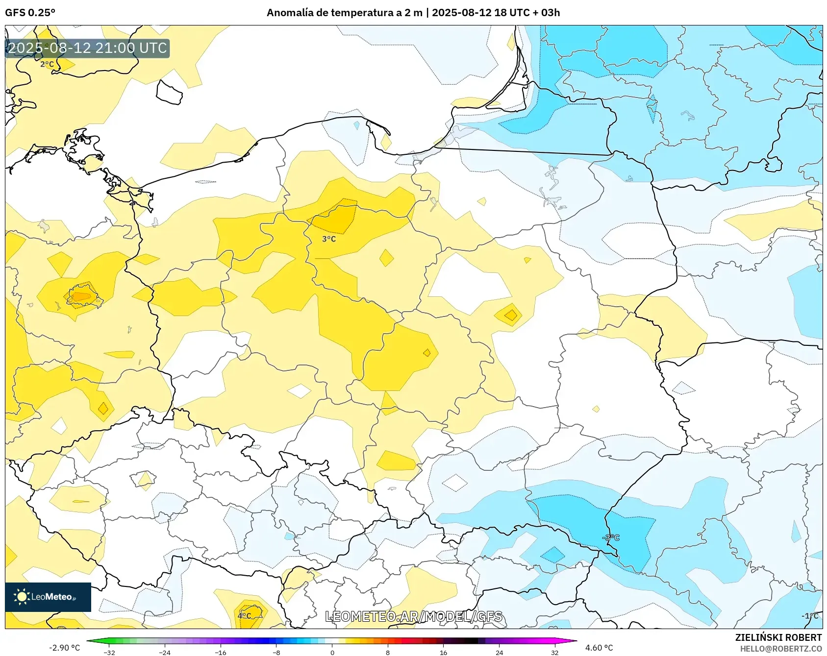 GFS model - Polonia, Anomalía de temperatura a 2 m