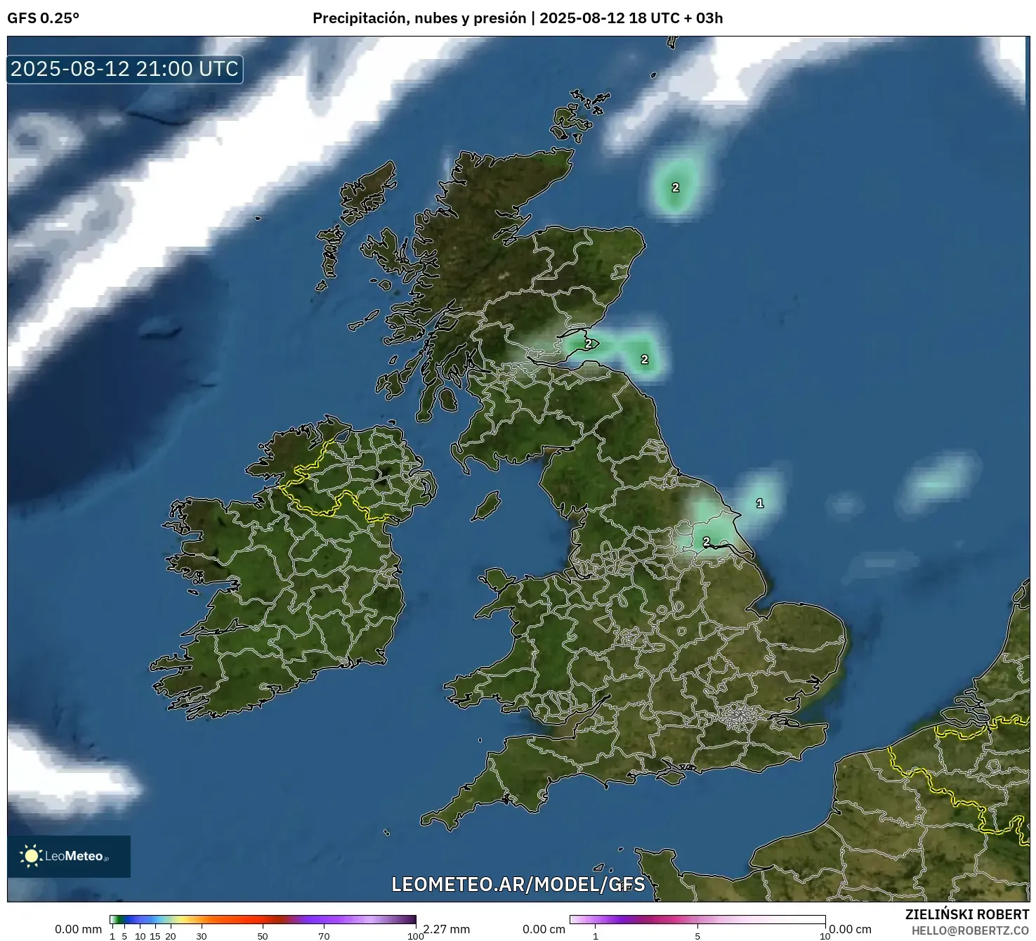 GFS model - Reino Unido, Precipitación, nubes y presión GFS model - Reino Unido, Precipitación, nubes y presión