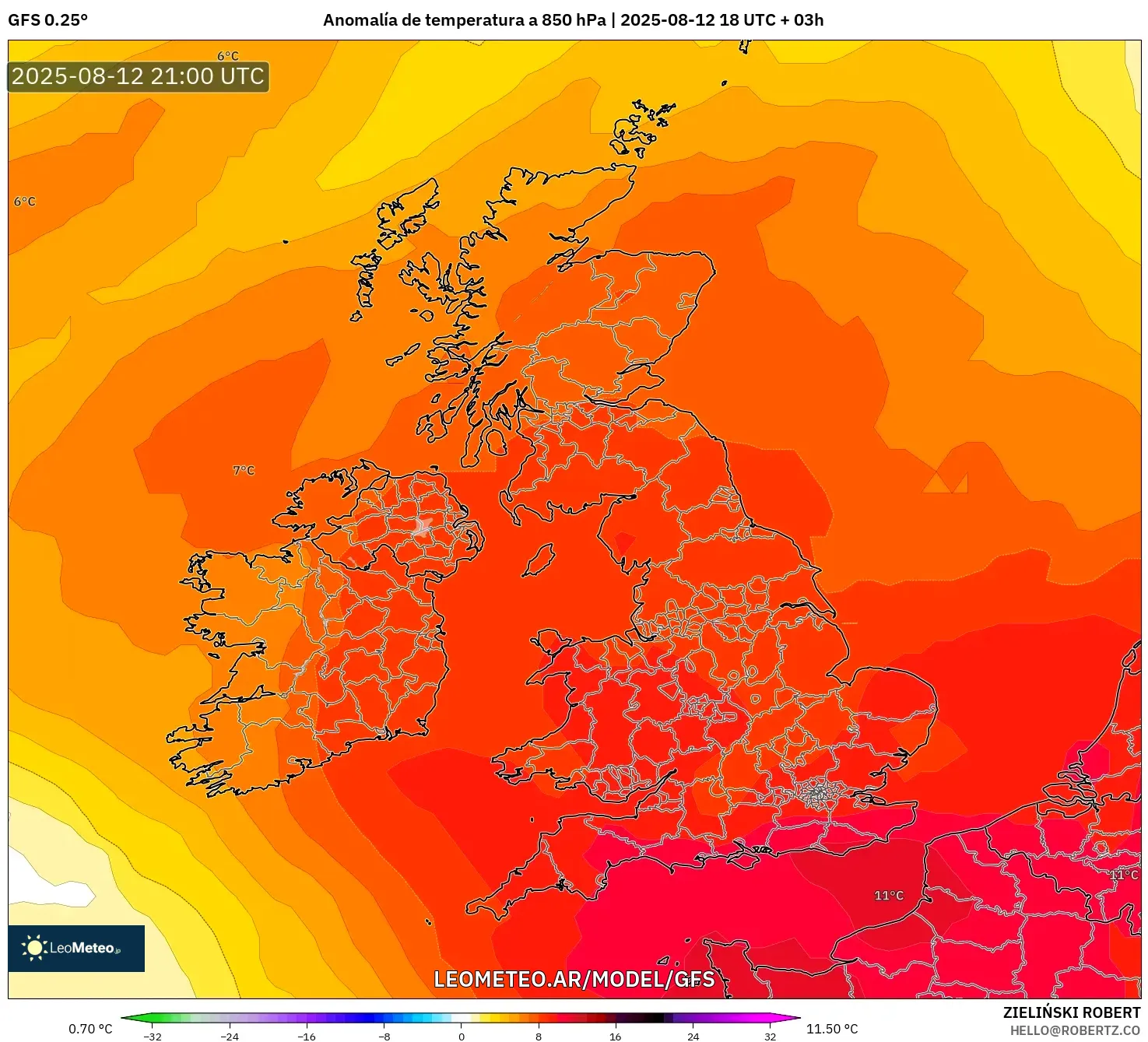 GFS model - Reino Unido, Anomalía de temperatura a 850 hPa GFS model - Reino Unido, Anomalía de temperatura a 850 hPa