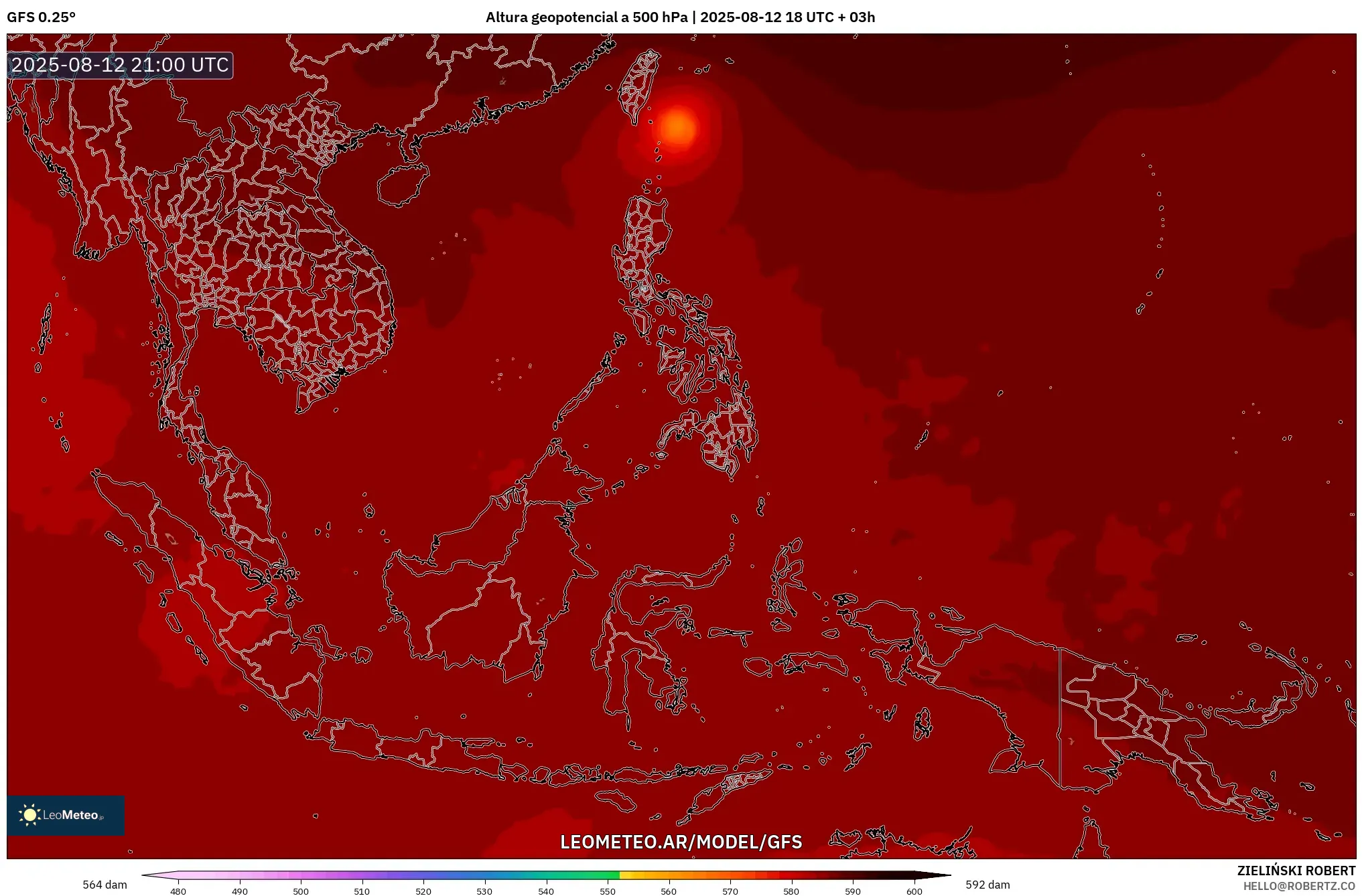 GFS model - Sudeste Asiático, Altura geopotencial a 500 hPa GFS model - Sudeste Asiático, Altura geopotencial a 500 hPa