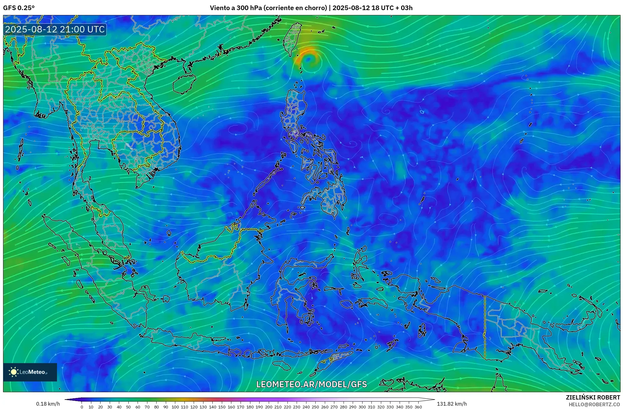 GFS model - Sudeste Asiático, Viento a 300 hPa (corriente en chorro) GFS model - Sudeste Asiático, Viento a 300 hPa (corriente en chorro)