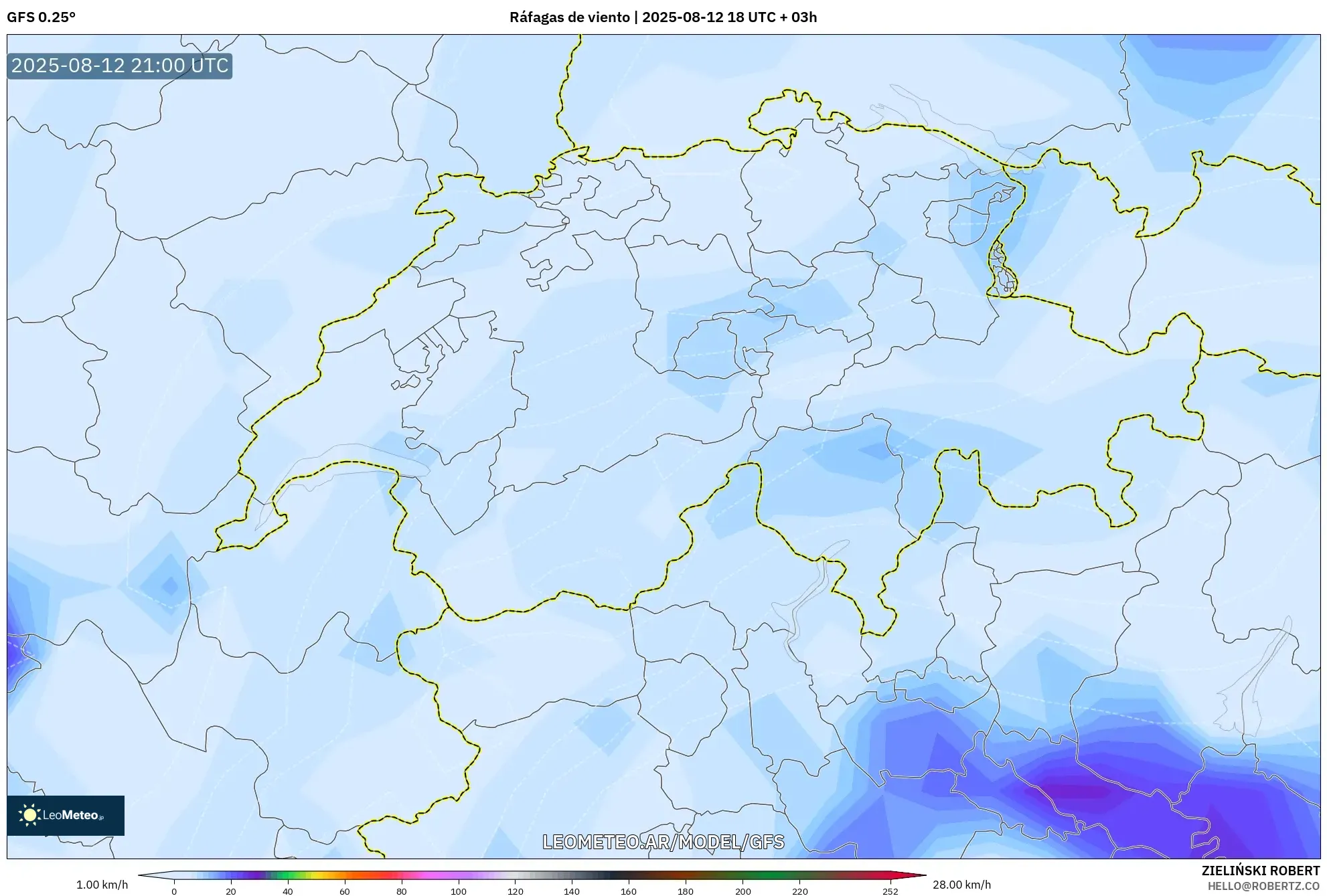 GFS model - Suiza, Ráfagas de viento GFS model - Suiza, Ráfagas de viento