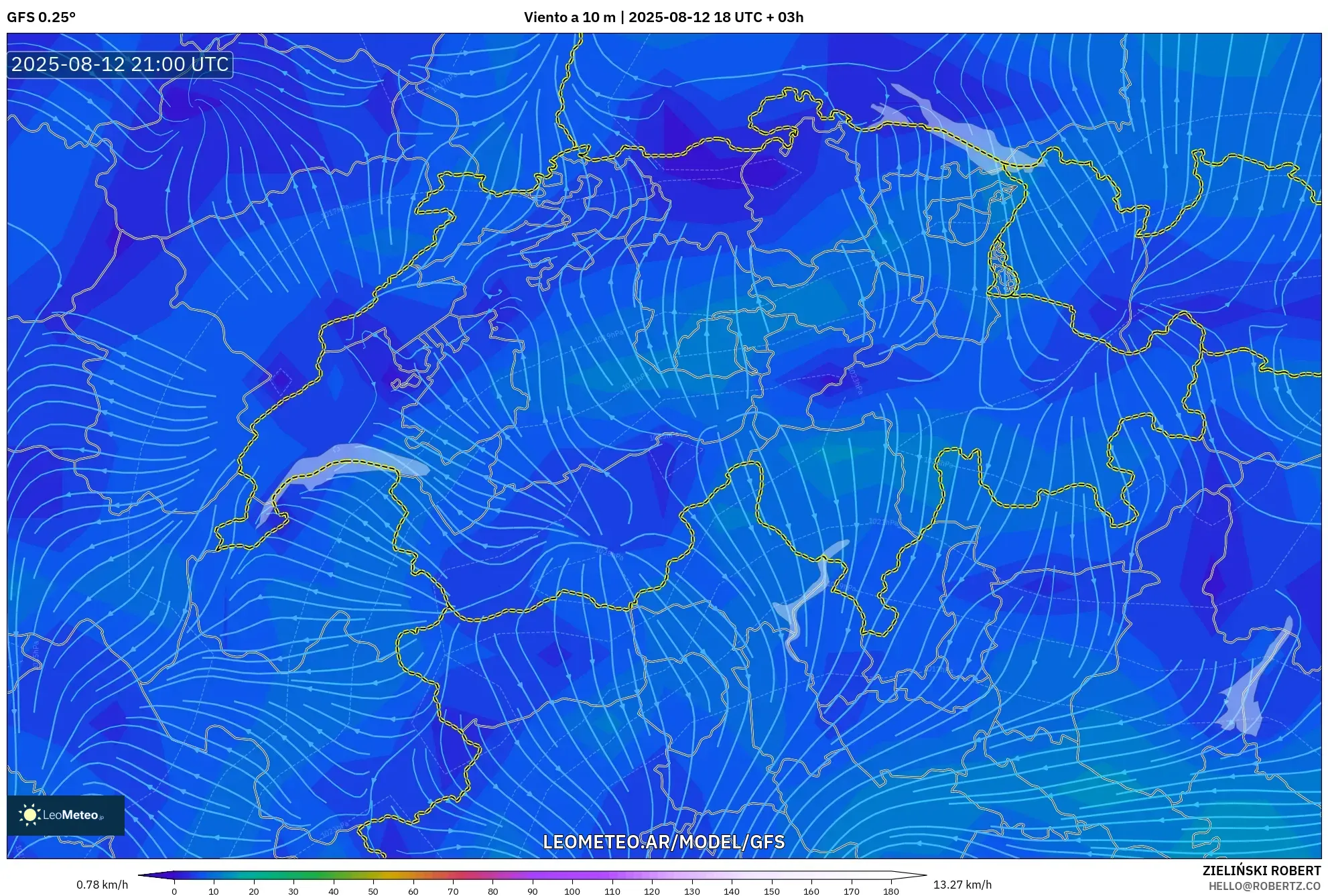 GFS model - Suiza, Viento a 10 m GFS model - Suiza, Viento a 10 m