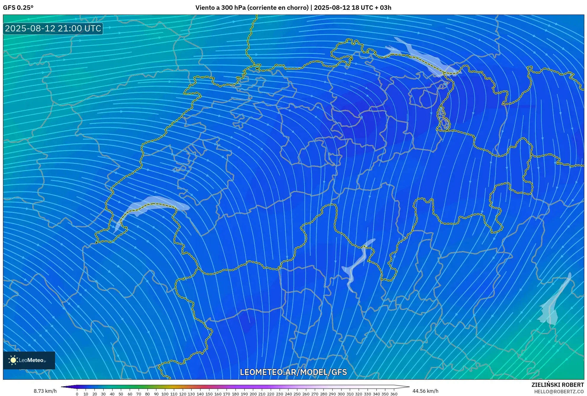 GFS model - Suiza, Viento a 300 hPa (corriente en chorro)