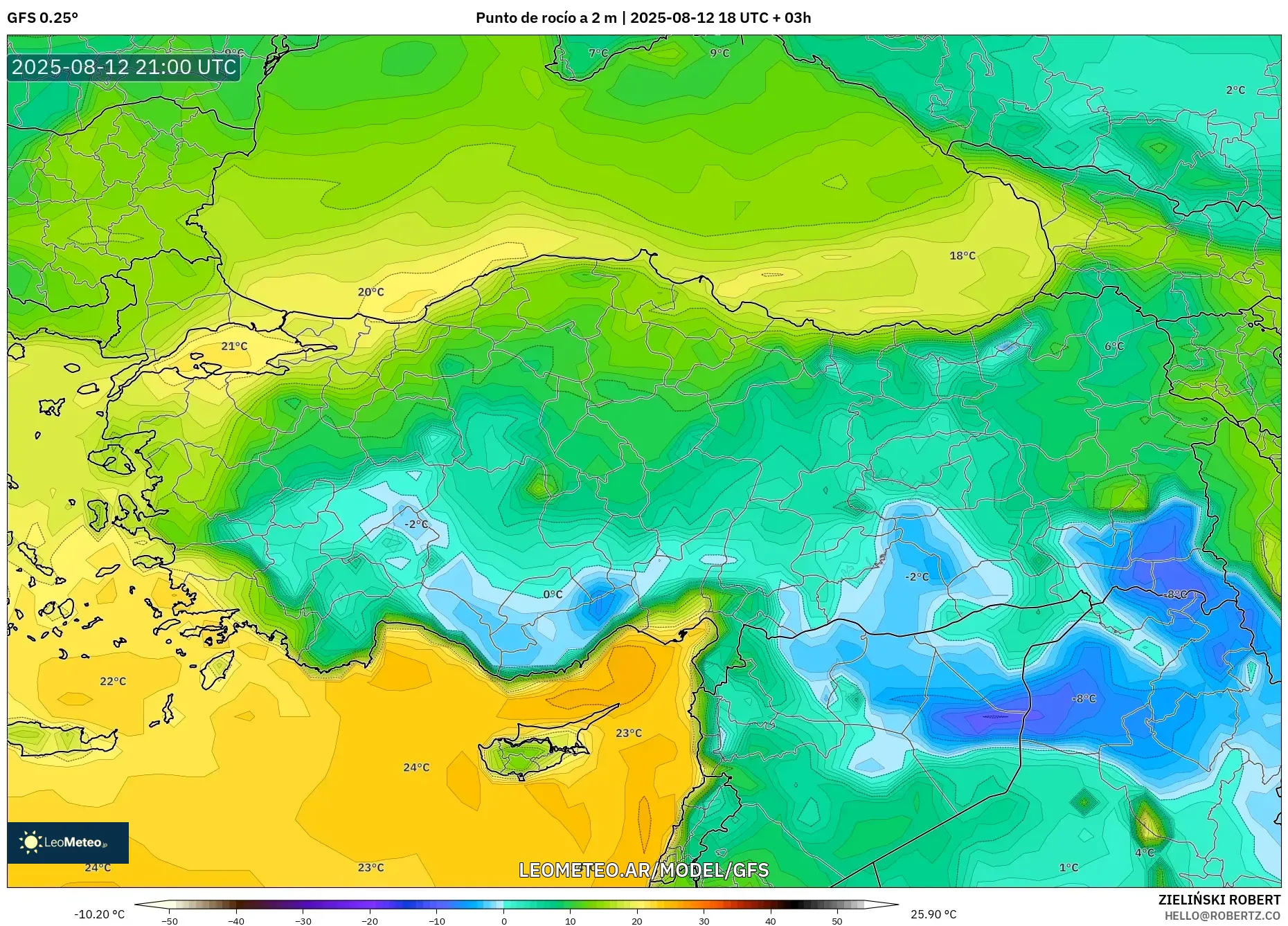 GFS model - Turquía, Punto de rocío a 2 m GFS model - Turquía, Punto de rocío a 2 m