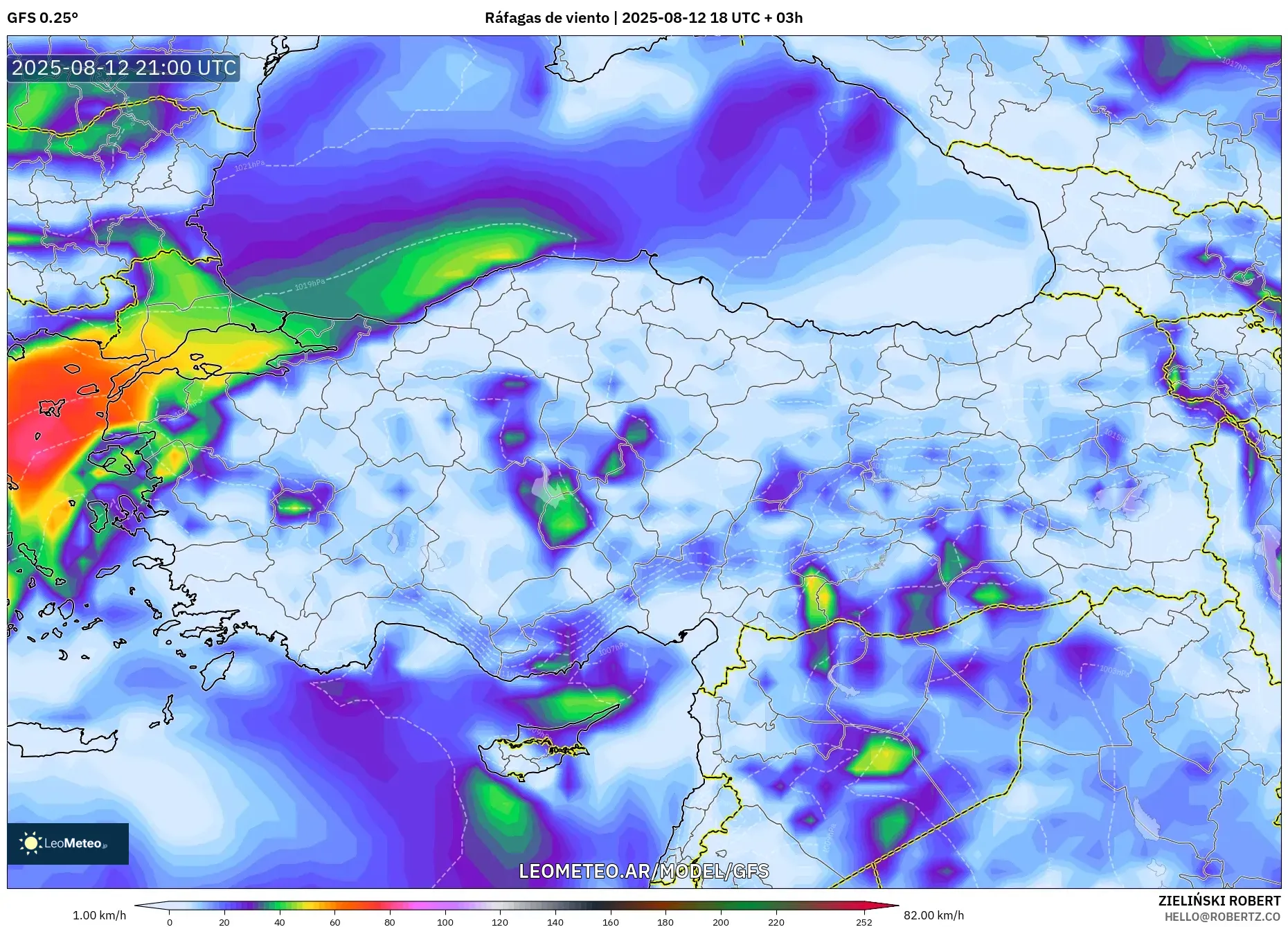 GFS model - Turquía, Ráfagas de viento GFS model - Turquía, Ráfagas de viento
