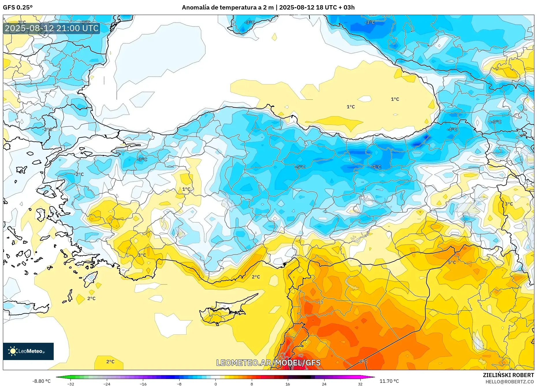GFS model - Turquía, Anomalía de temperatura a 2 m