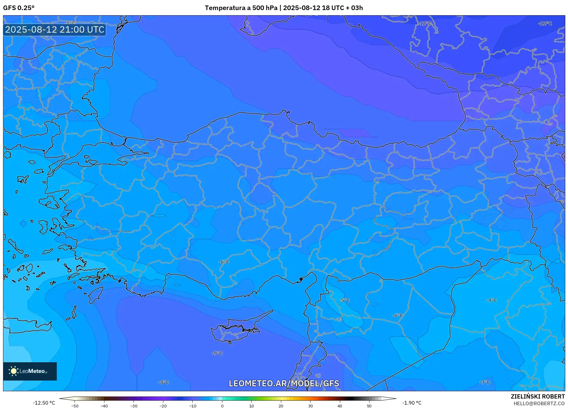 GFS model - Turquía, Temperatura a 500 hPa
