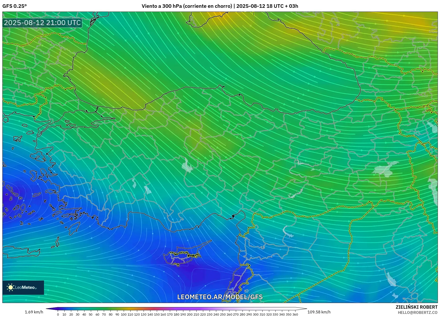 GFS model - Turquía, Viento a 300 hPa (corriente en chorro) GFS model - Turquía, Viento a 300 hPa (corriente en chorro)