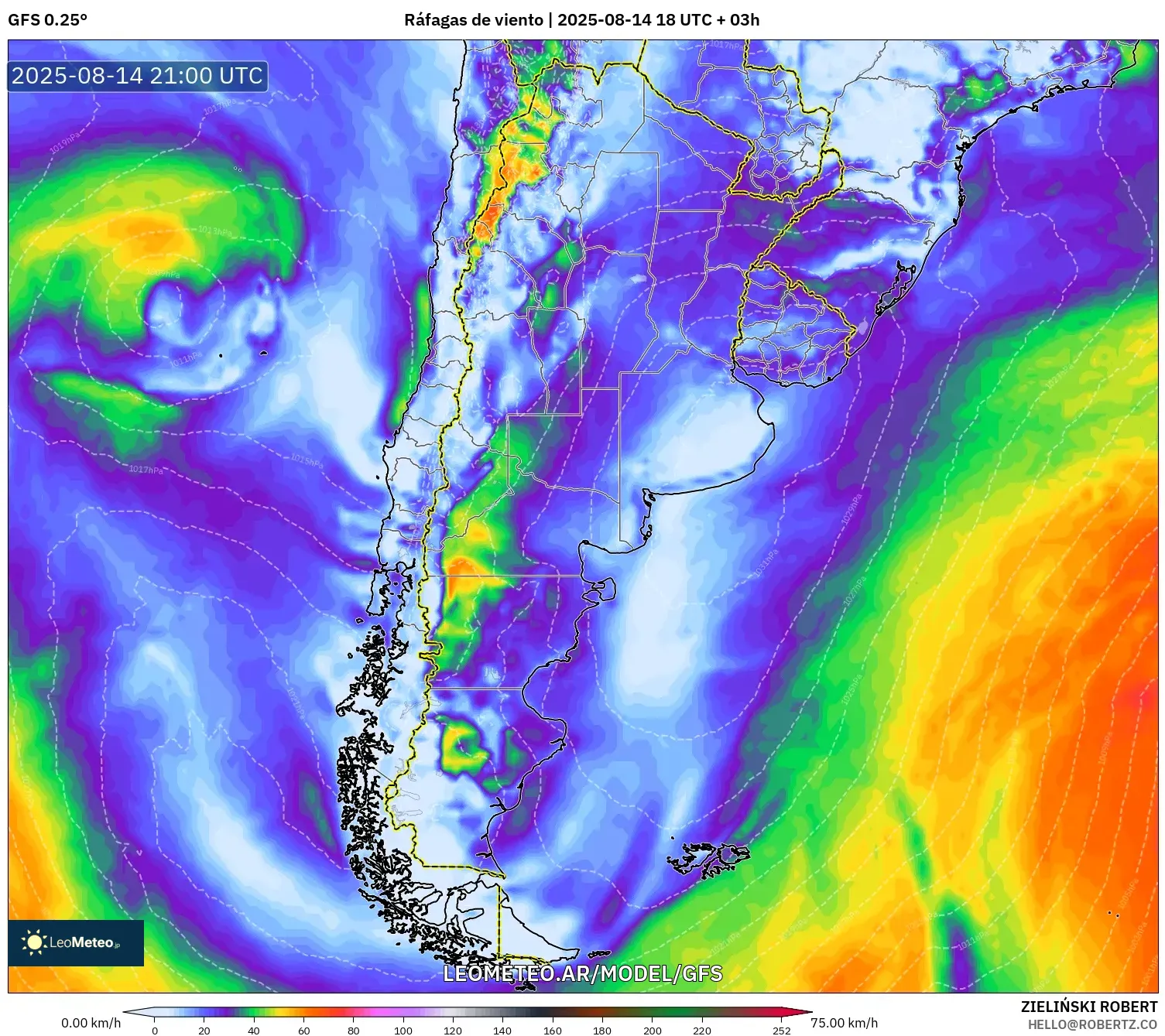 GFS model - Argentina, Ráfagas de viento