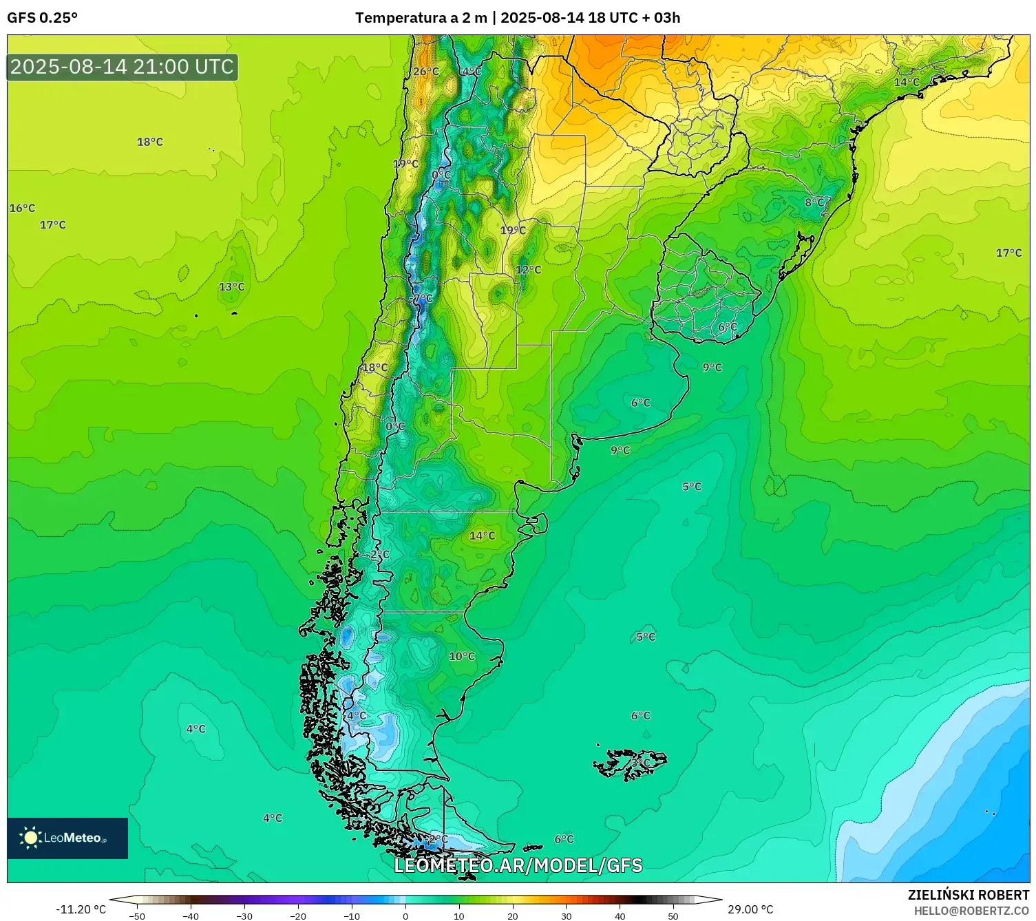 GFS model - Argentina, Temperatura a 2 m