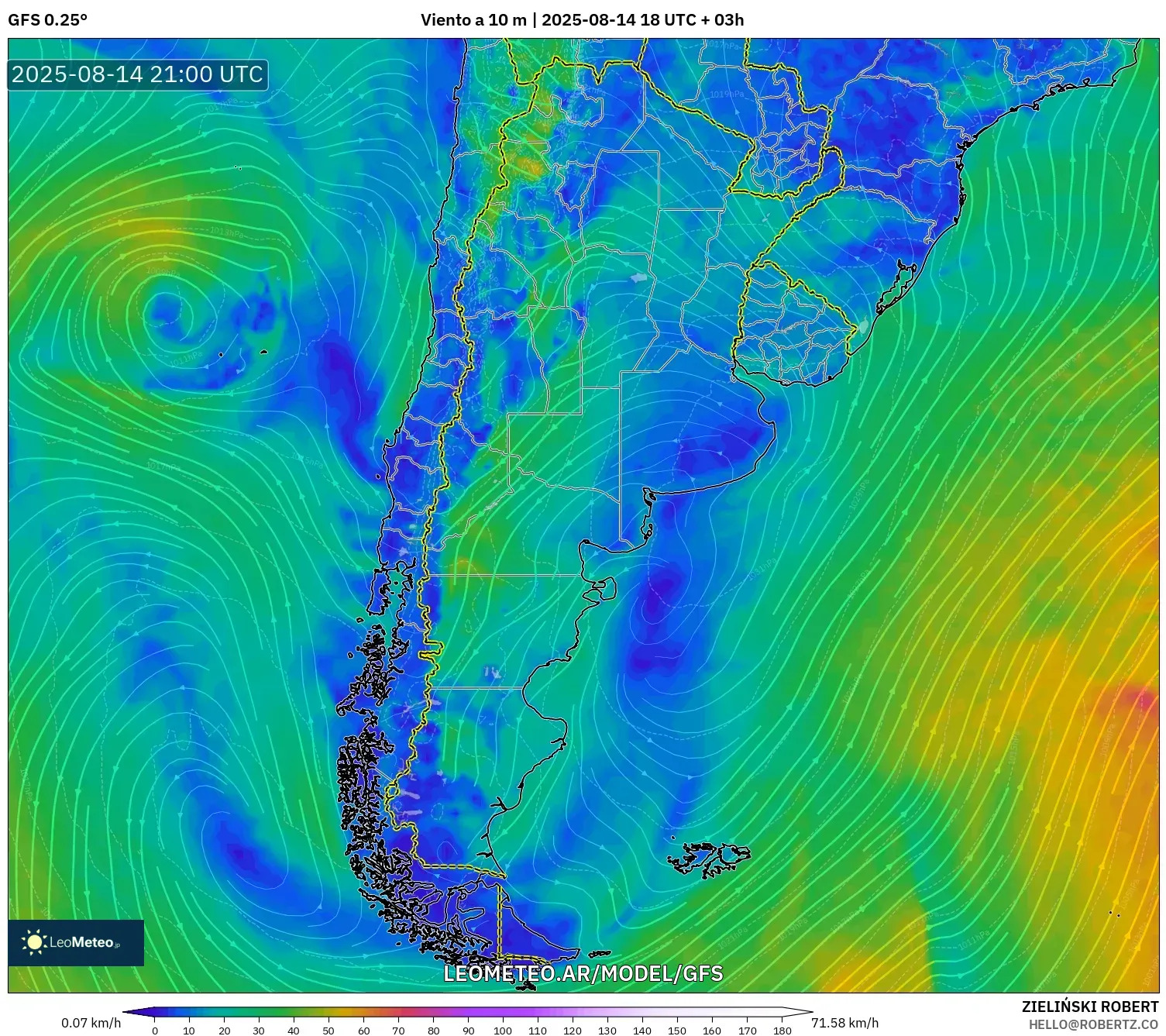 GFS model - Argentina, Viento a 10 m
