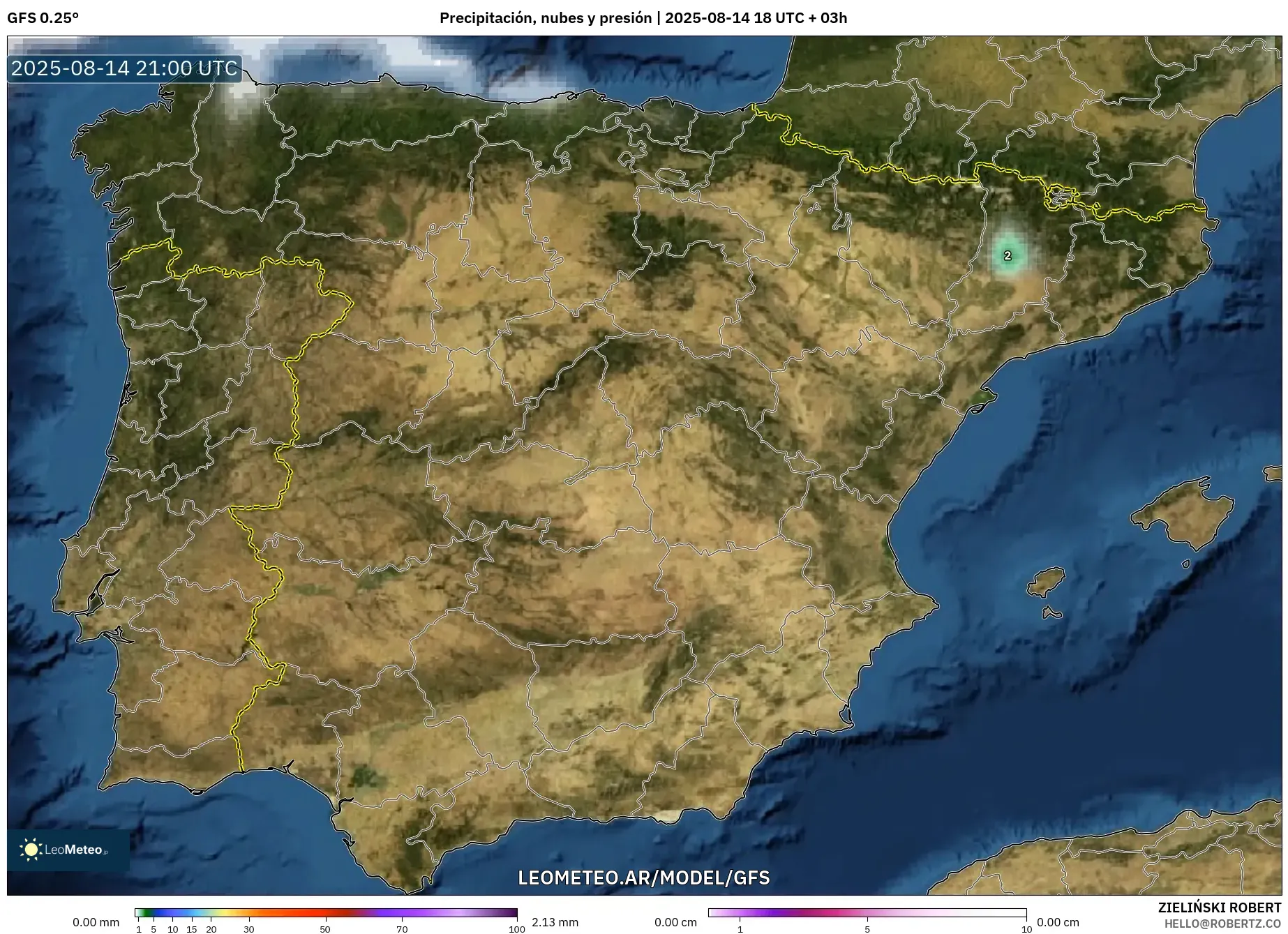 GFS model - España, Precipitación, nubes y presión