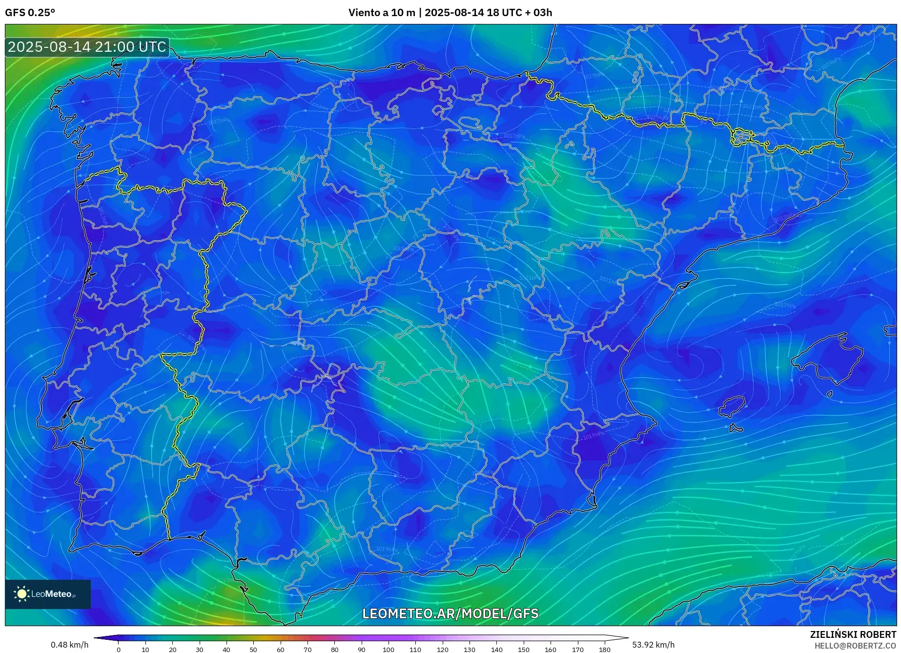 GFS model - España, Viento a 10 m